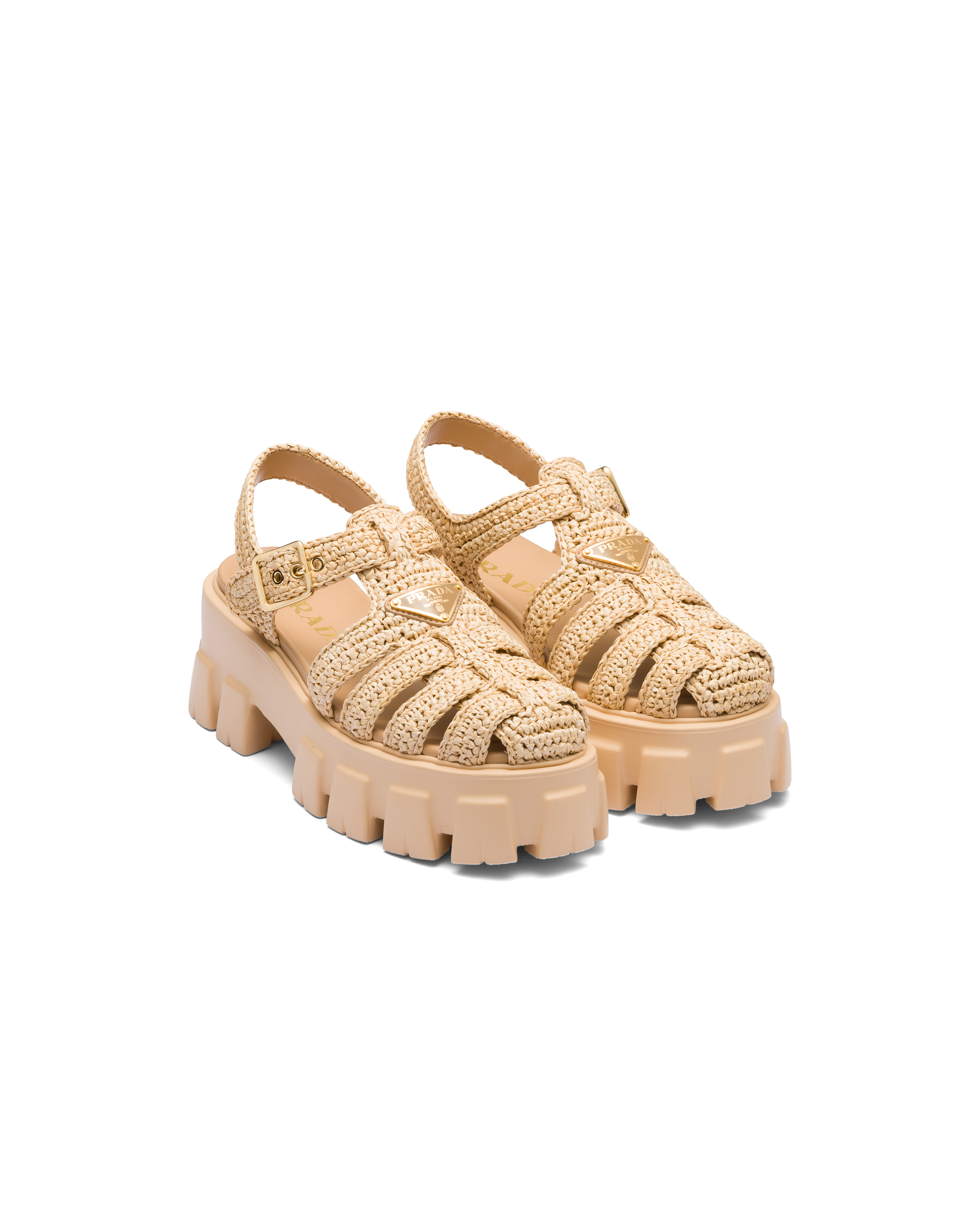 Prada Monolith Crochet Cage Sandals In Natural