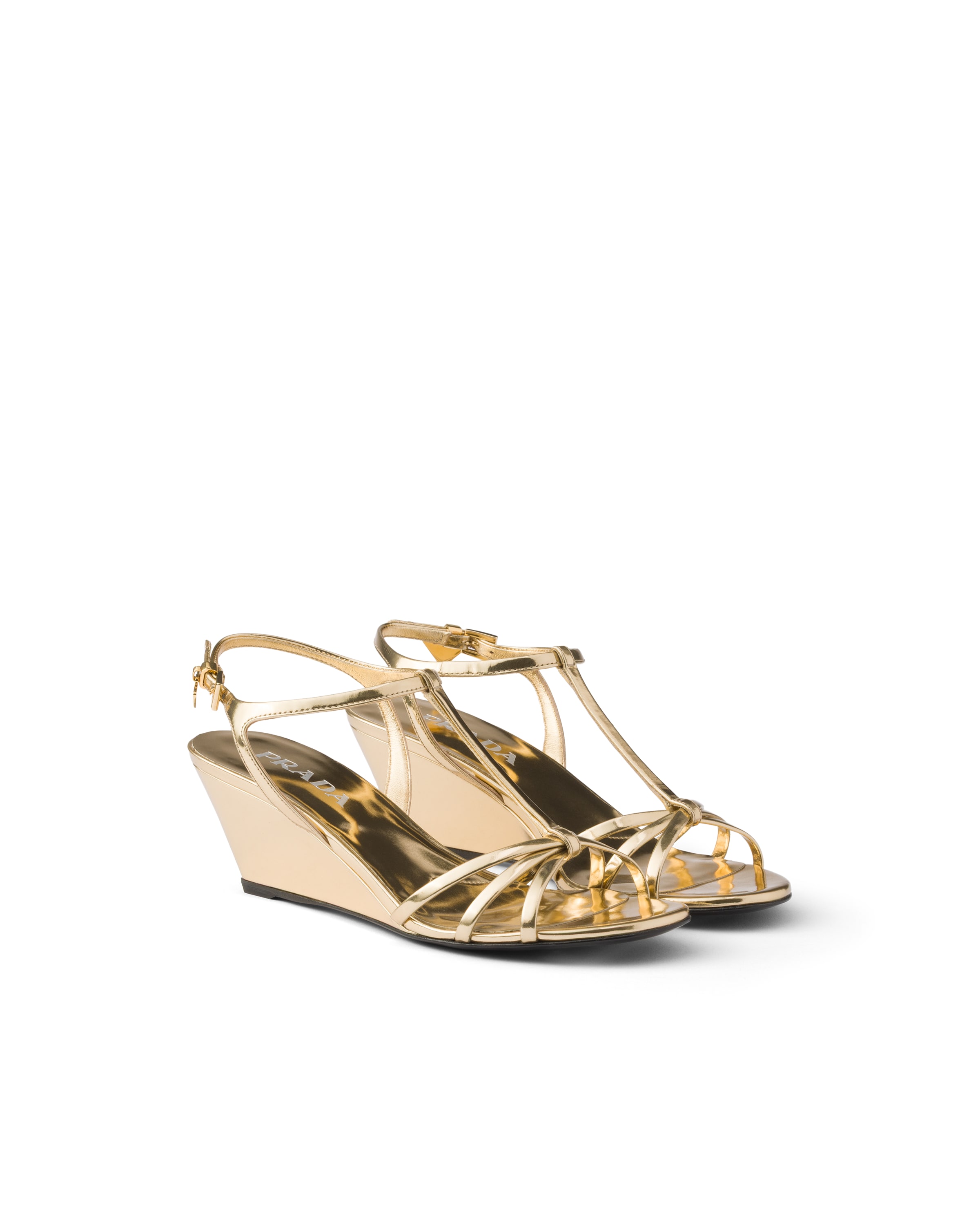Prada Metallic Wedge Sandals Ankle Strap Open Toe In Multi