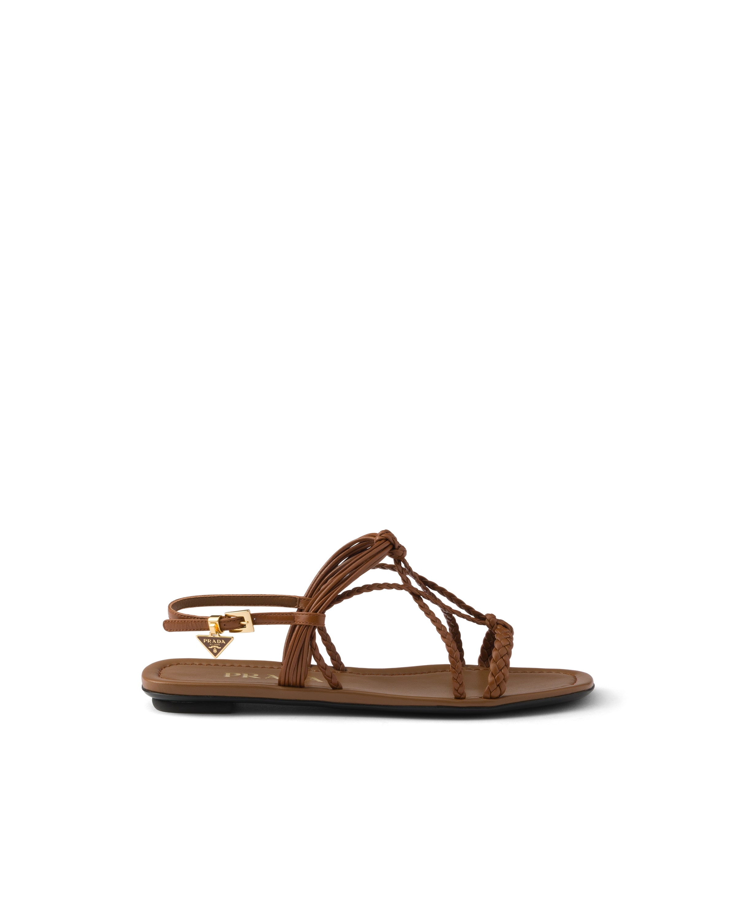 Prada Flat Leather Sandals In Brown
