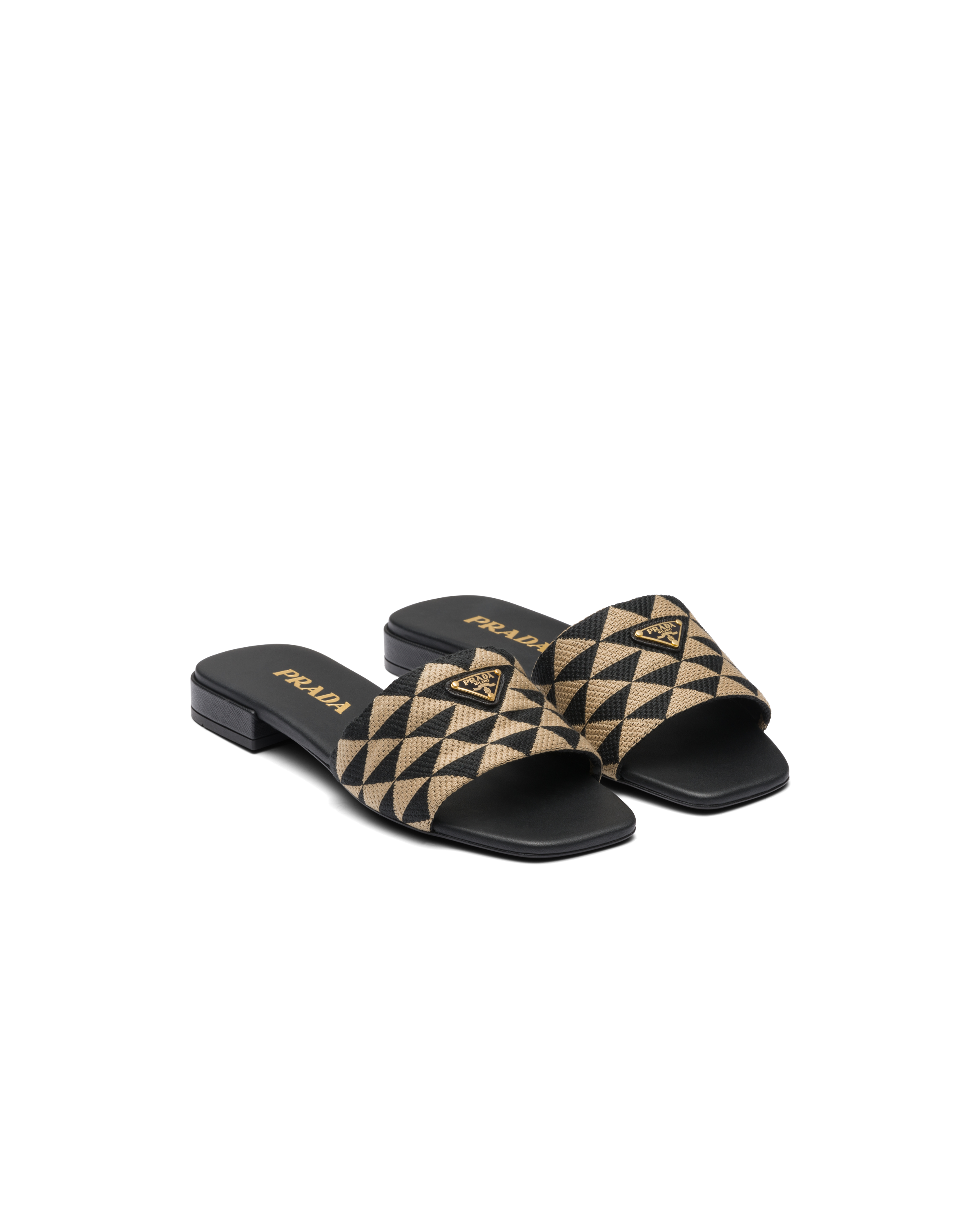 Prada Embroidered Fabric Slides In Black/beige | ModeSens