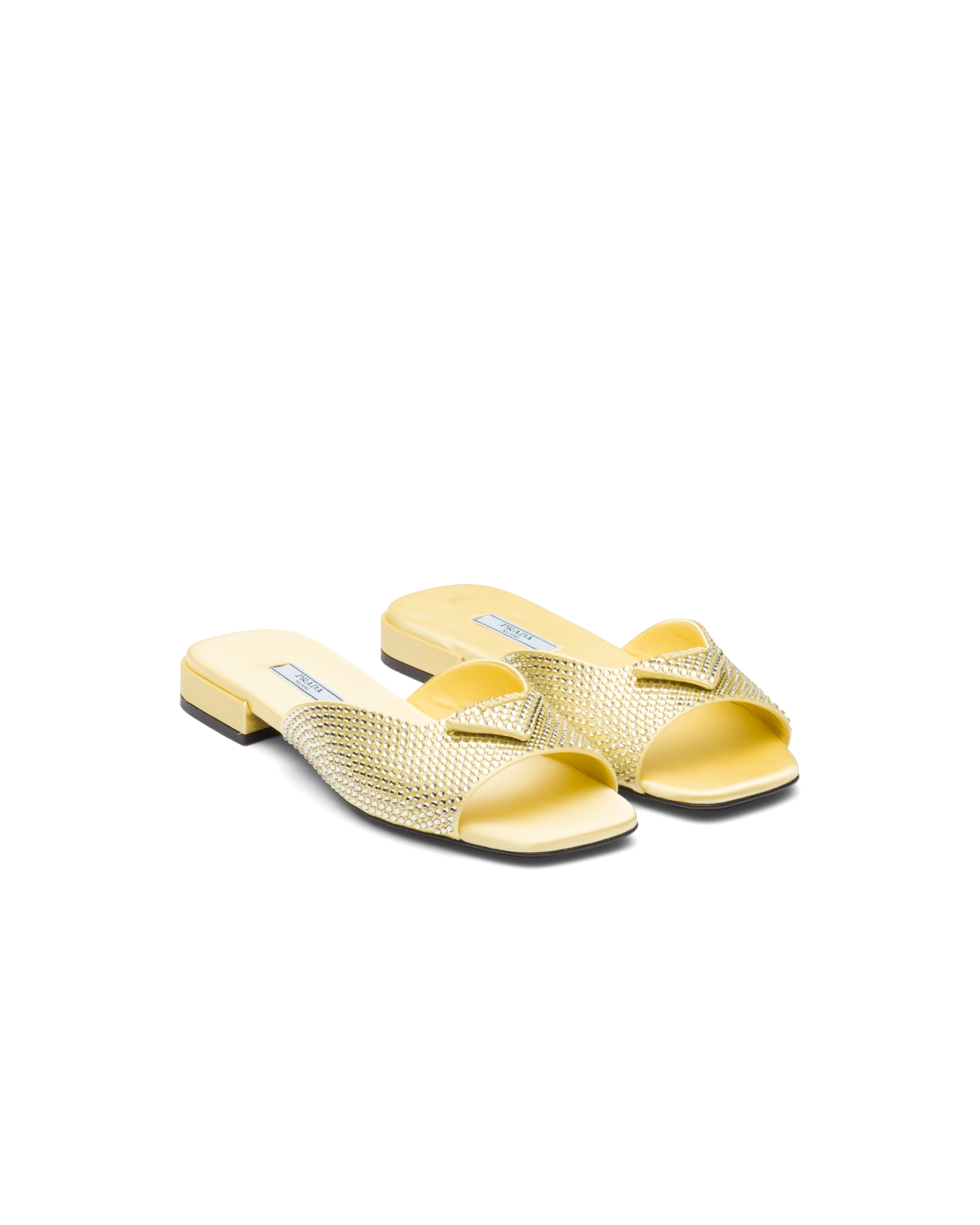 Shop Prada Satin Slides With Crystals In Pineapple Yellow