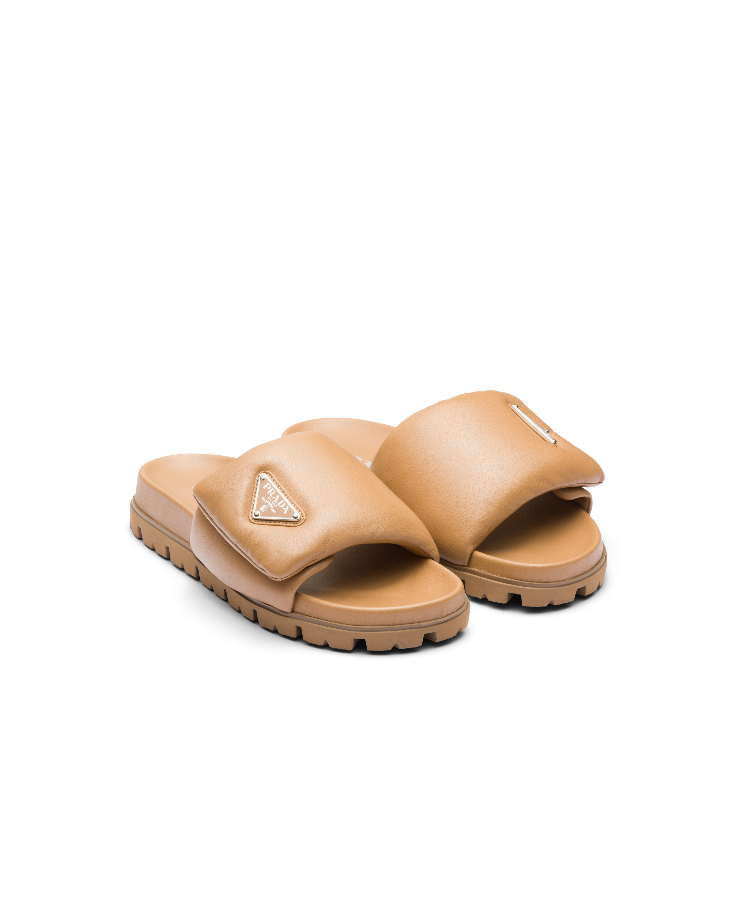 Shop Prada Soft Padded Nappa Leather Slides In Caramel