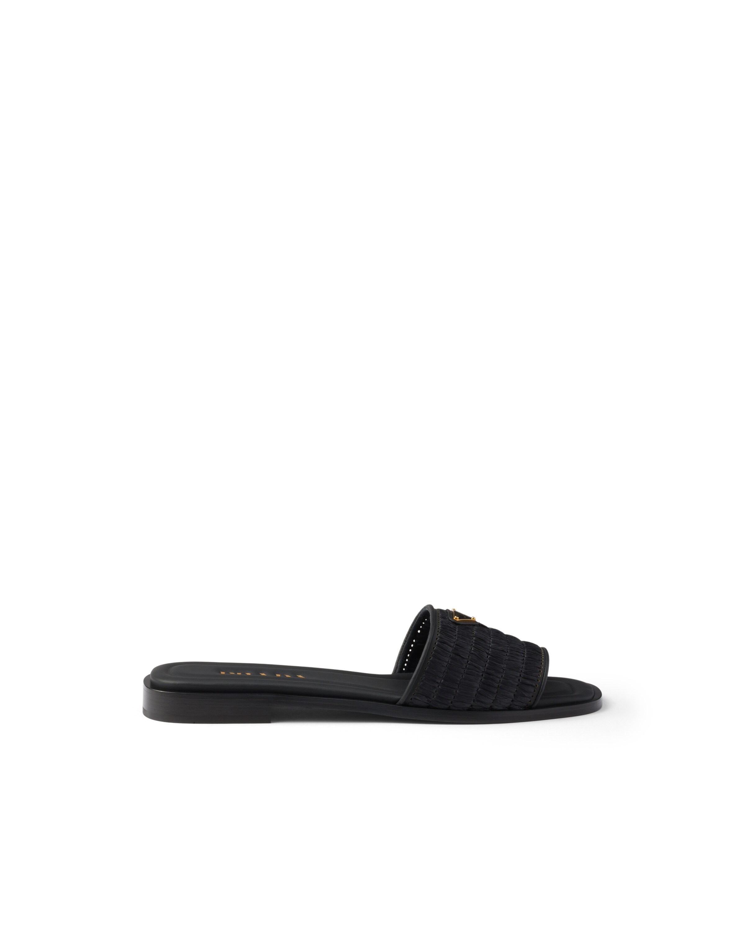Prada Black Sandals With Woven Strap And Logo Accents In Black