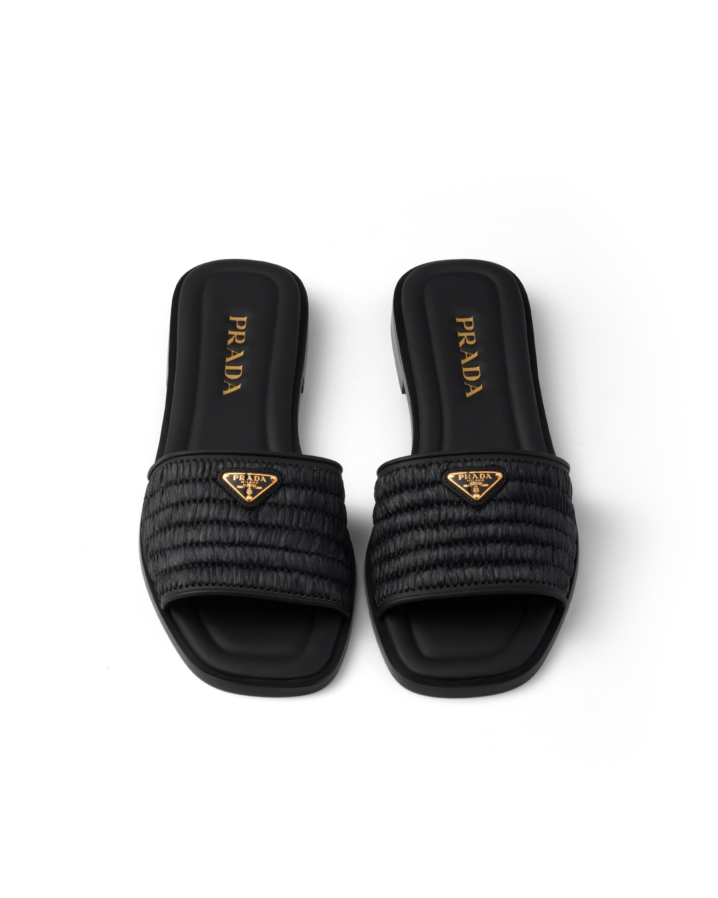 Prada Black Sandals With Woven Strap And Logo Accents In Black