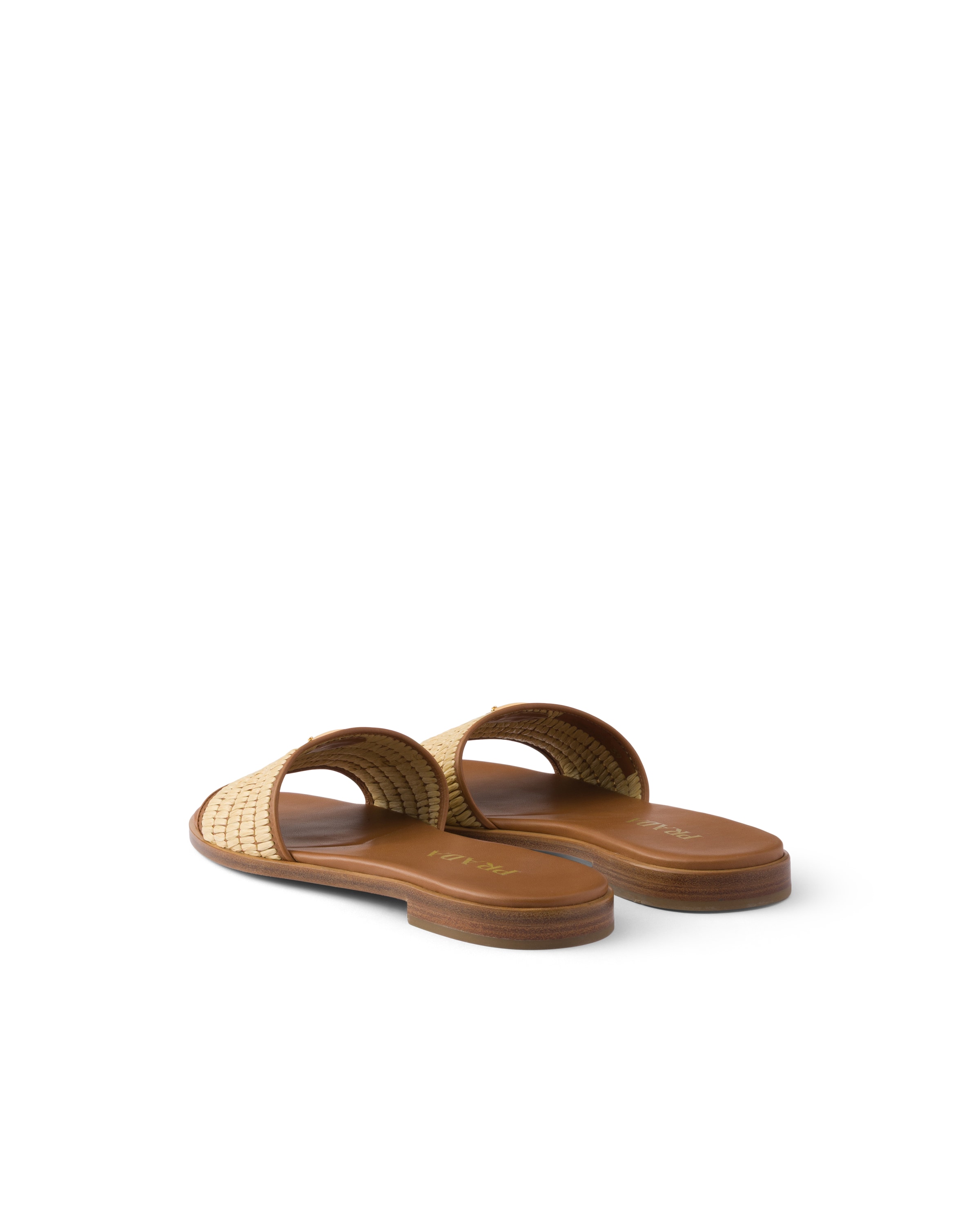 Prada Triangle Logo Raffia Flat Slide Sandals In Brown