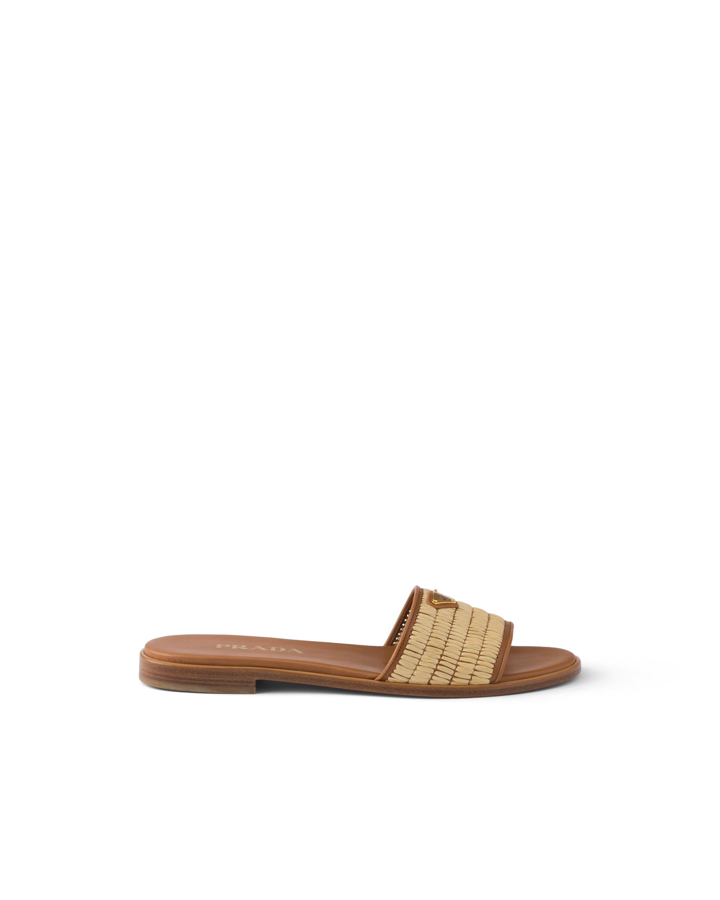Prada Triangle Logo Raffia Flat Slide Sandals In Brown