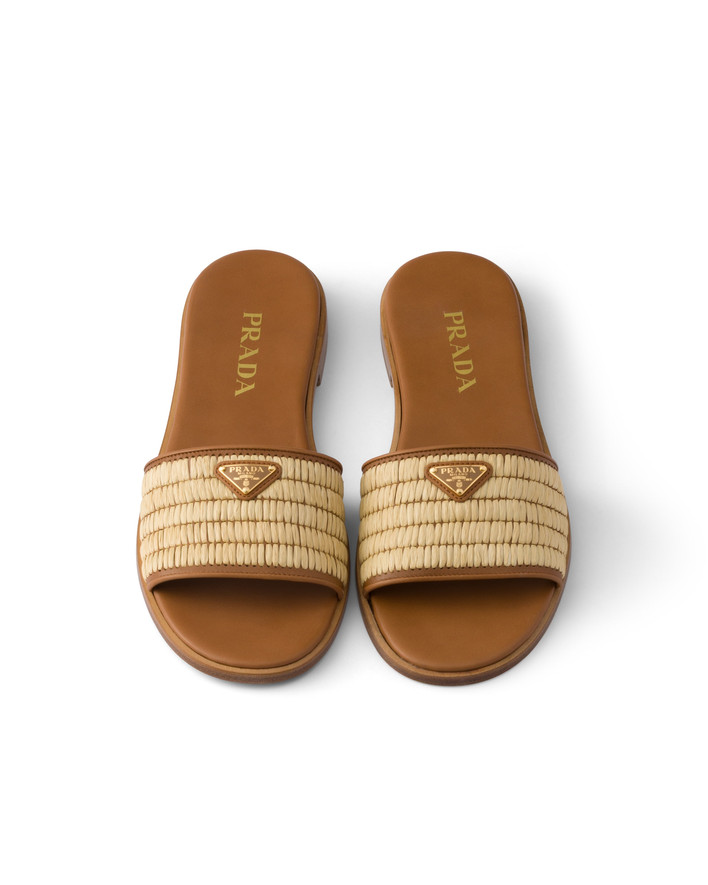 Prada Triangle Logo Raffia Flat Slide Sandals In Brown
