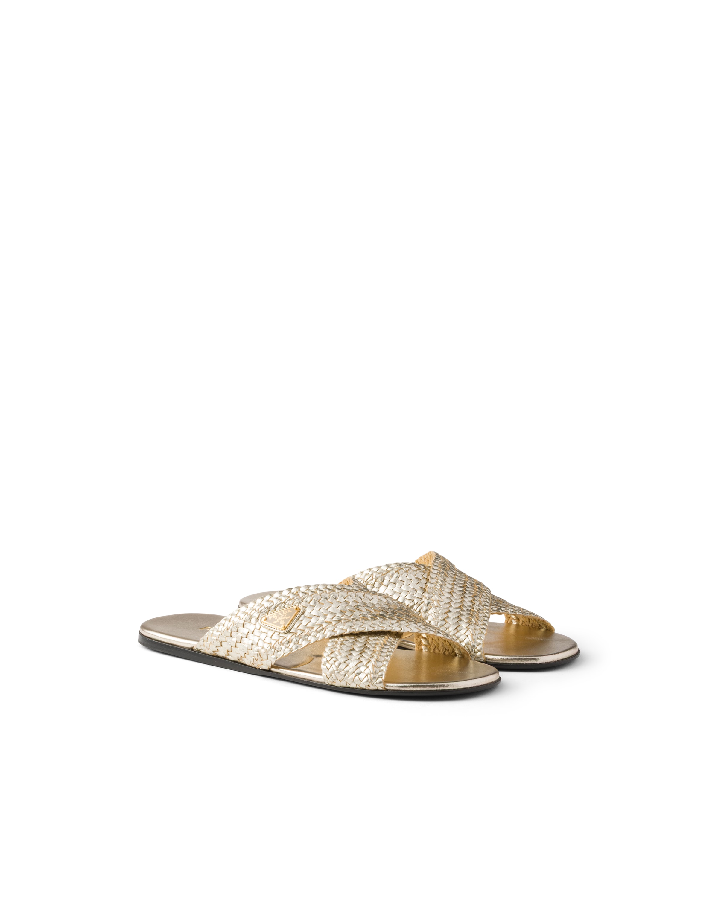 Prada Leather Crisscross Slides In Gold/silver