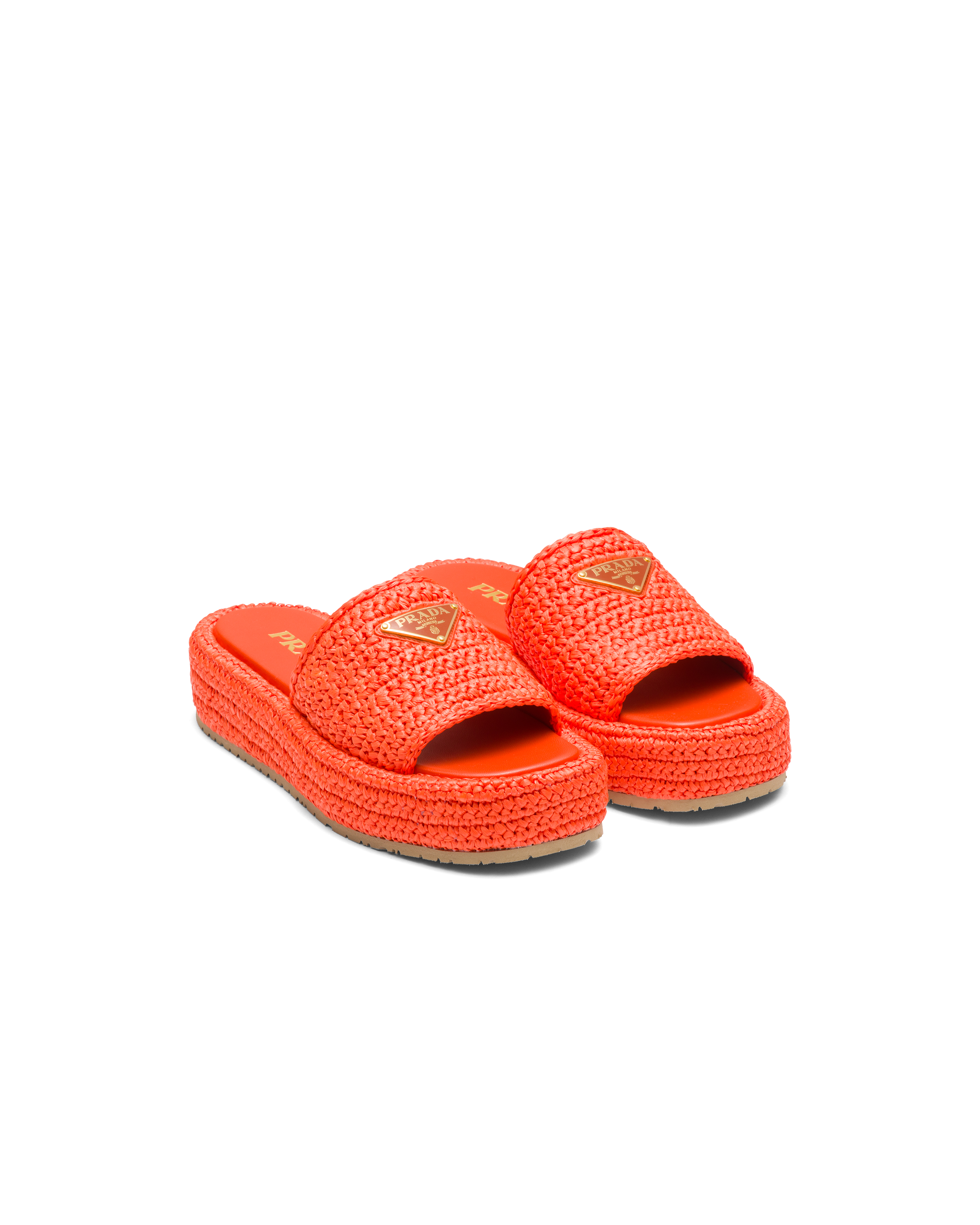 Shop Prada Crochet Flatform Slides In Orange