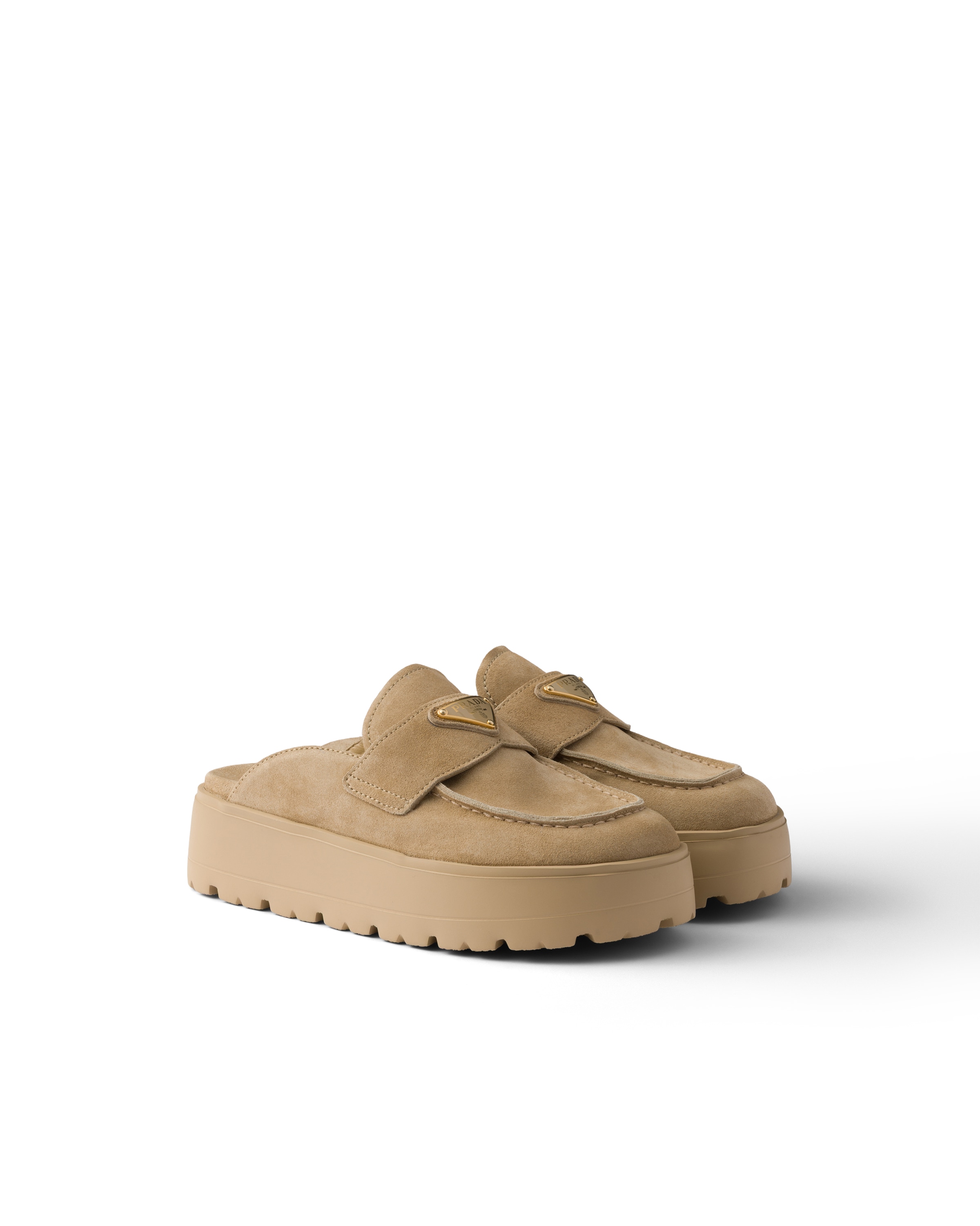Prada Mules À Plateforme Plate En Veau Velours, Femme, Ecru, Taille 40,5