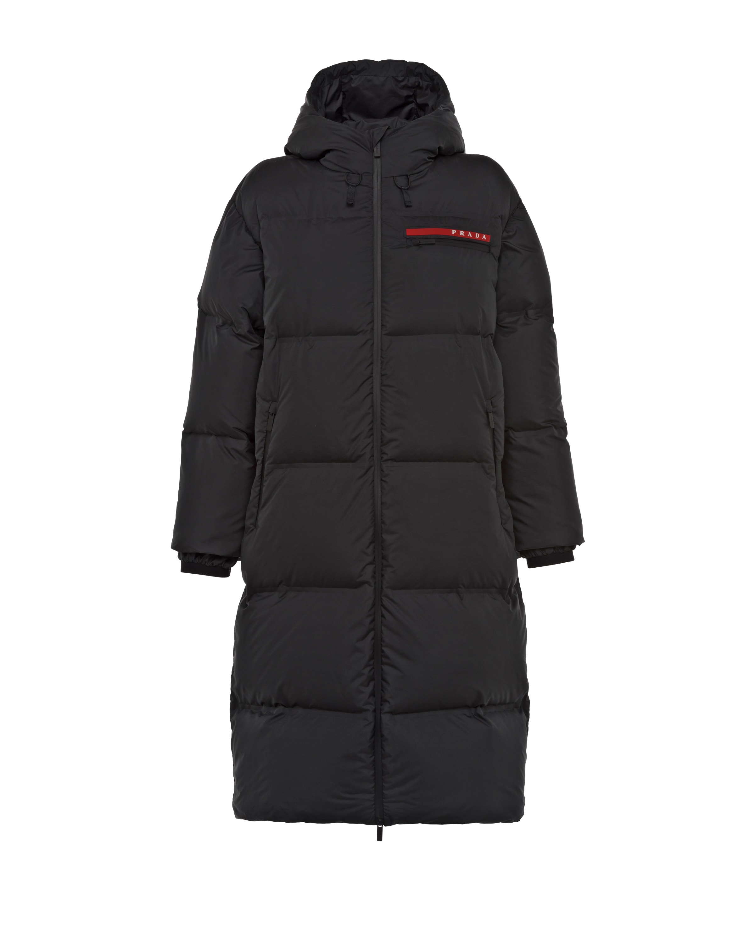 Black Technical Nylon hooded puffer coat Prada
