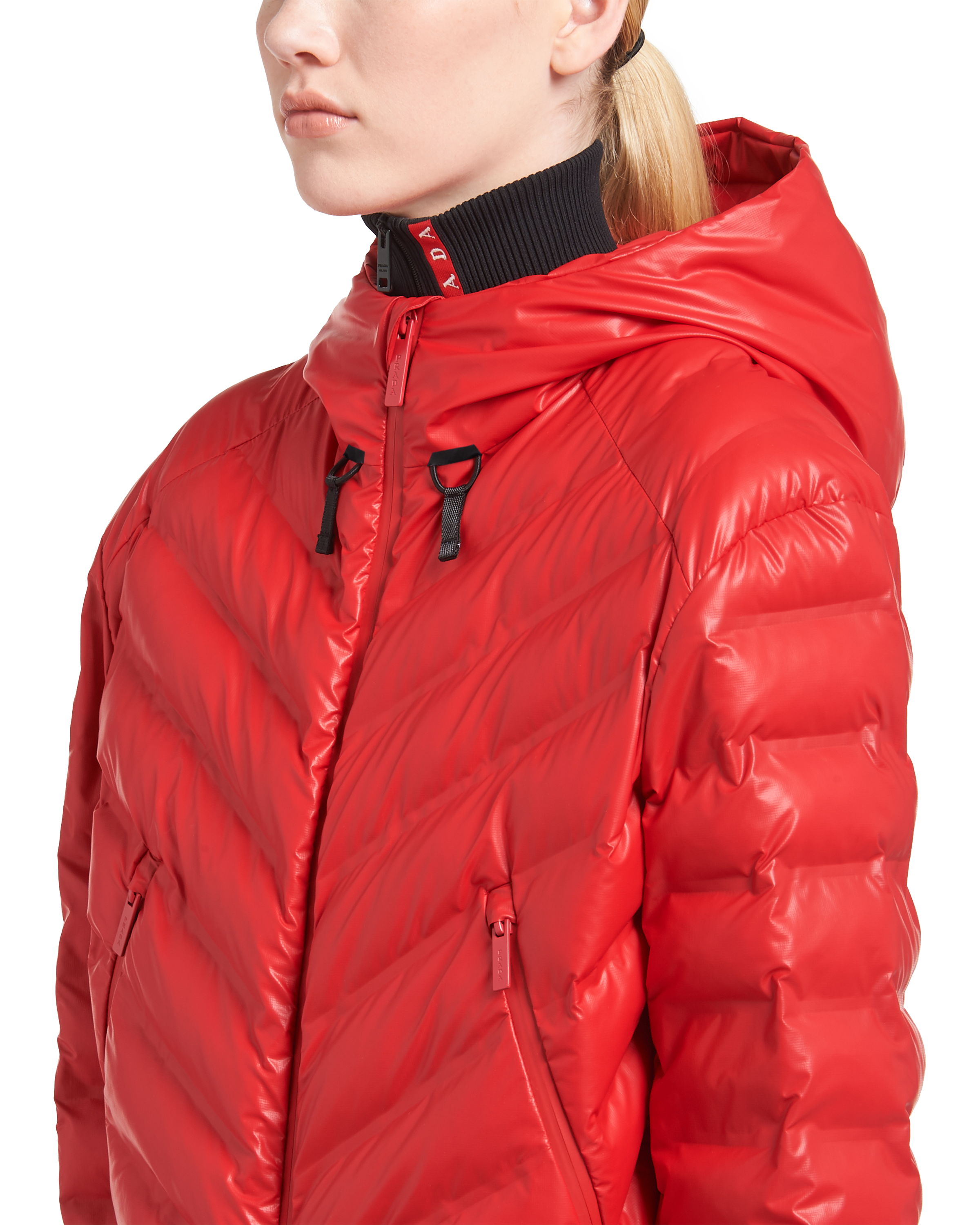 Prada red puffer jacket store