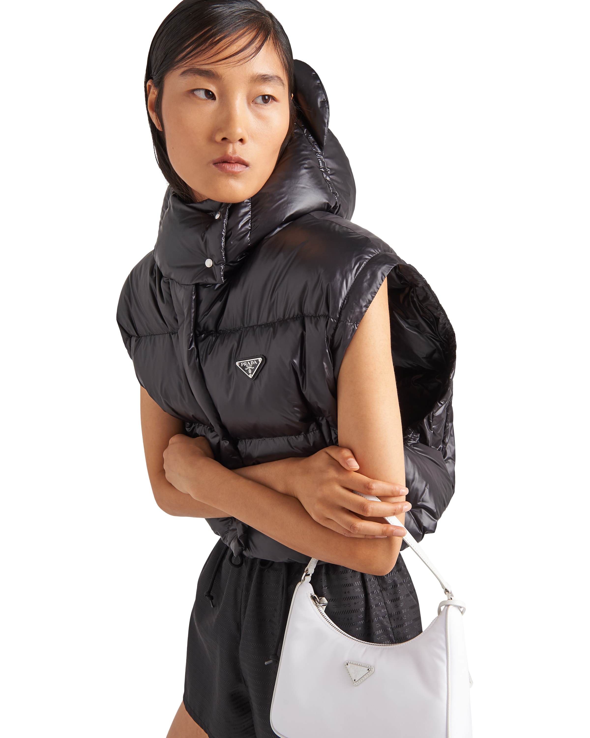 Prada Re-nylon Convertible Cropped Down Jacket In Black