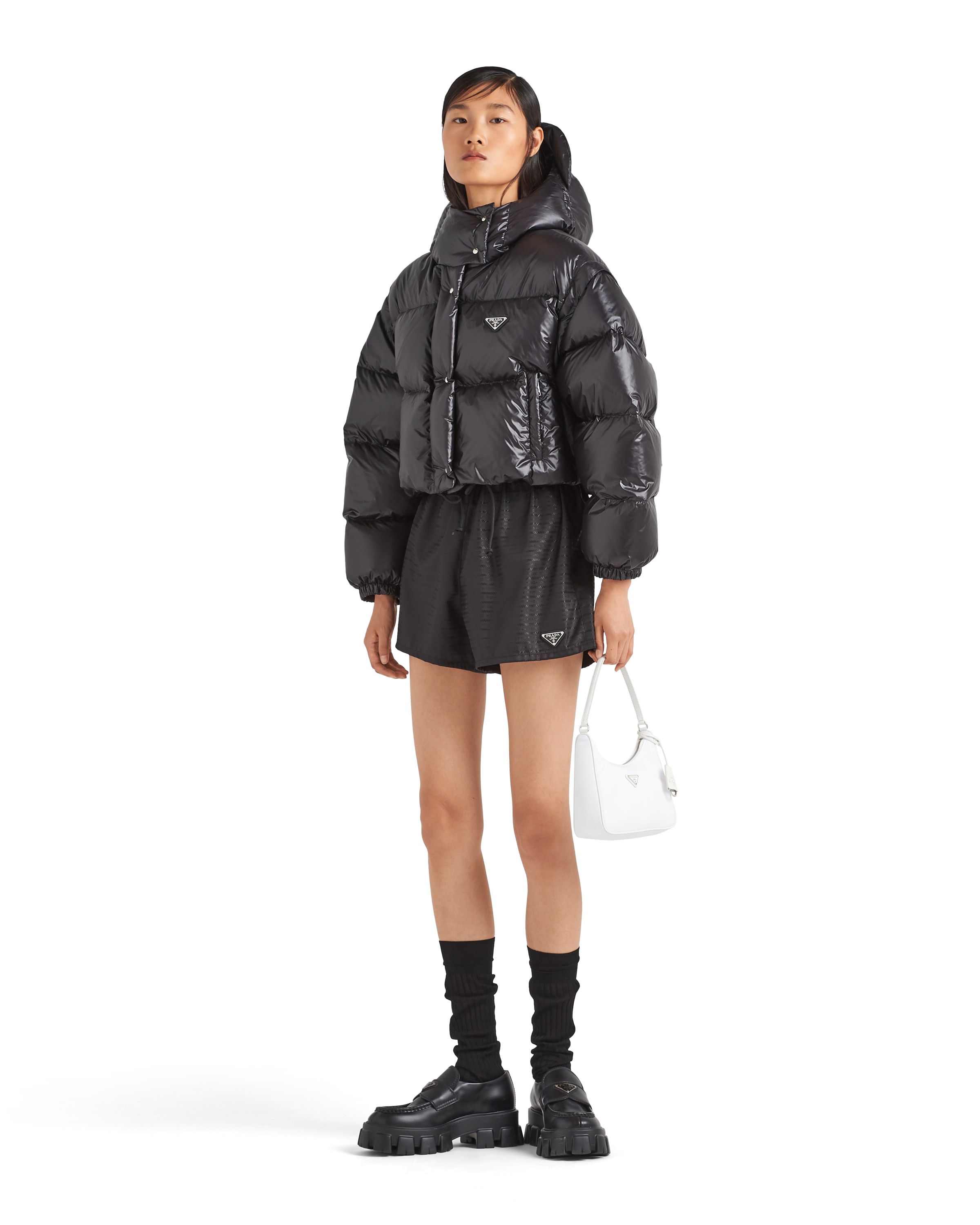 Prada Re-nylon Convertible Cropped Down Jacket In Black