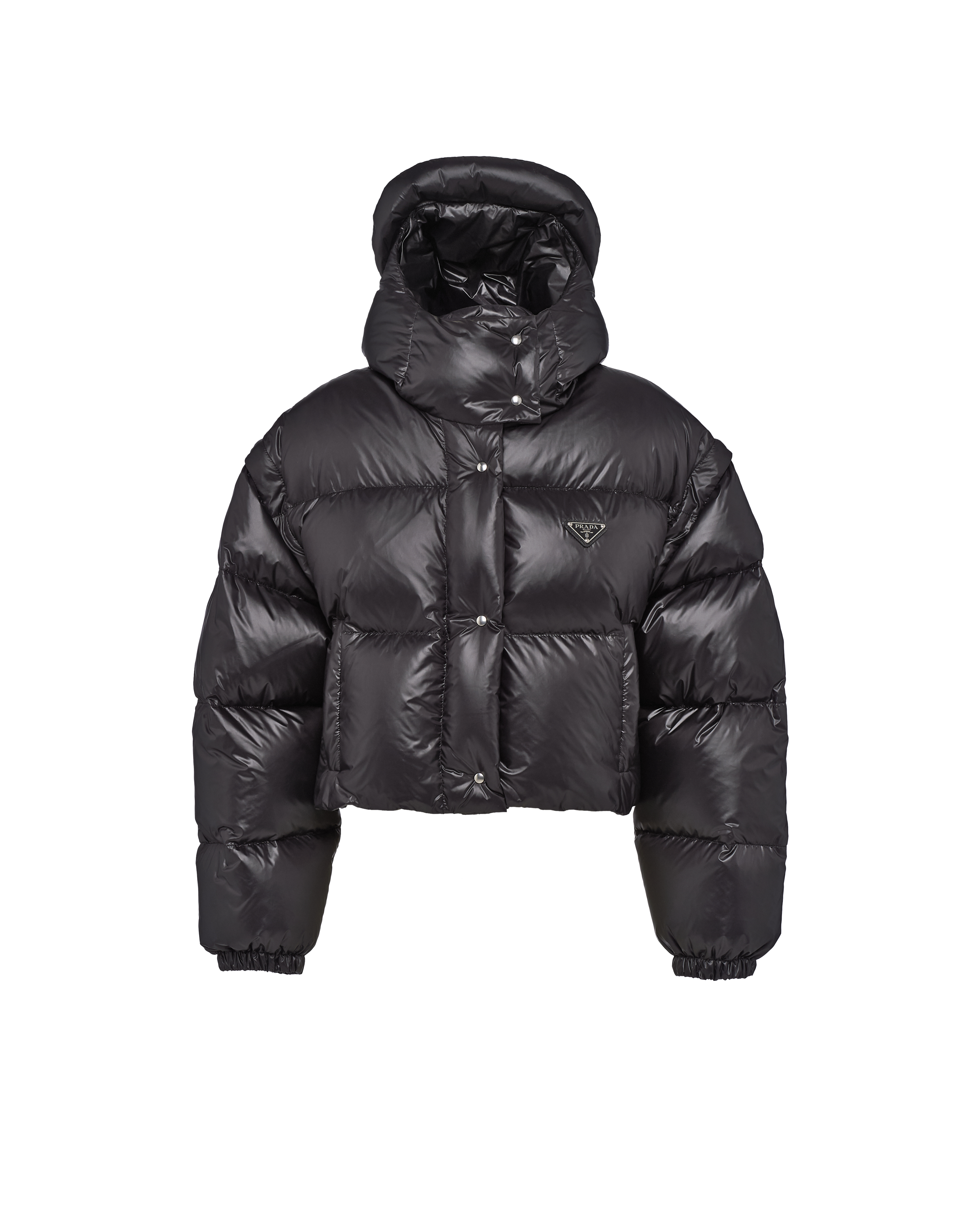 Prada Womens Black Logo-plaque Padded Cropped Shell-down Jacket In Black