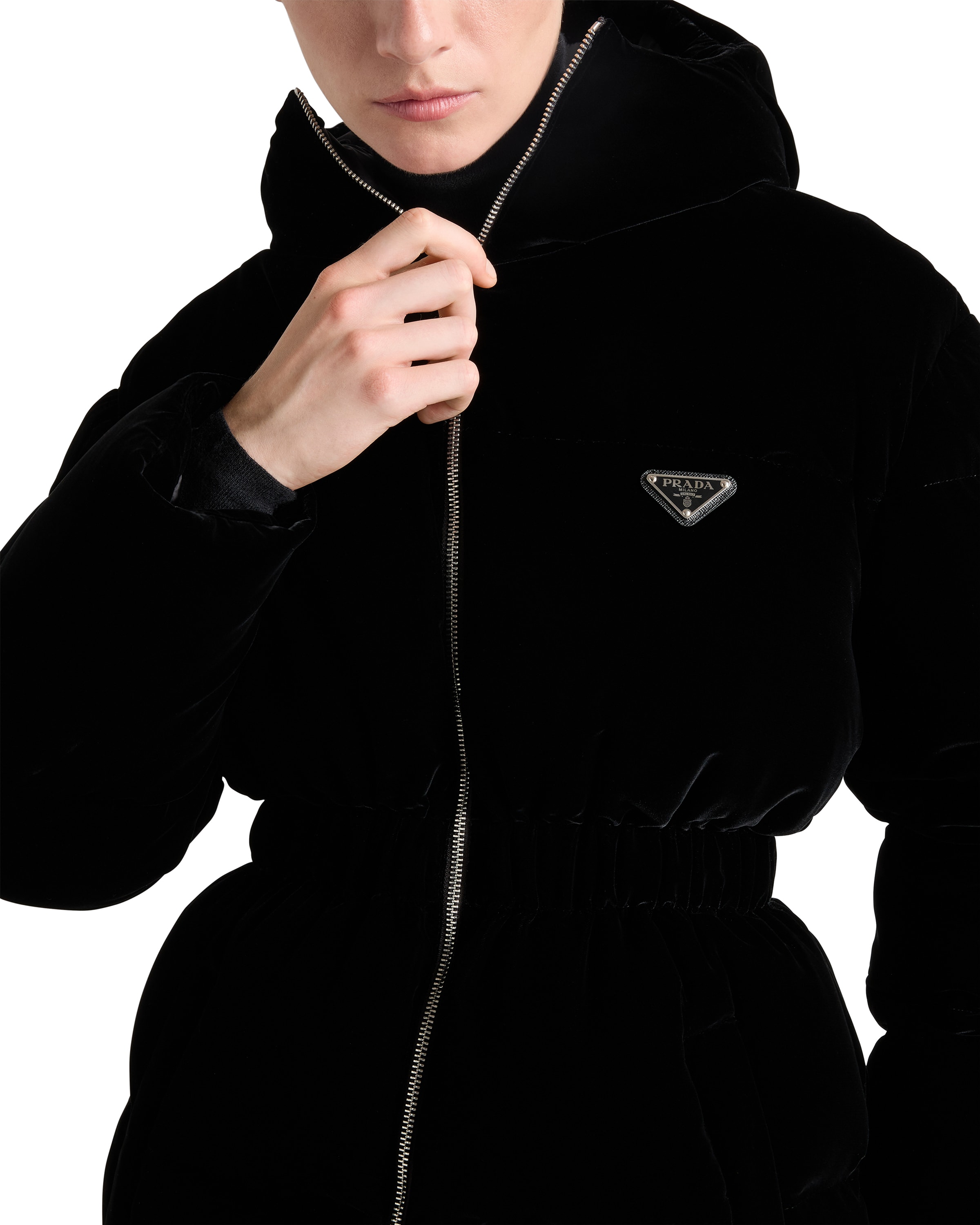 Prada Womens  Logo-badge Padded Velvet Down Jacket In Black