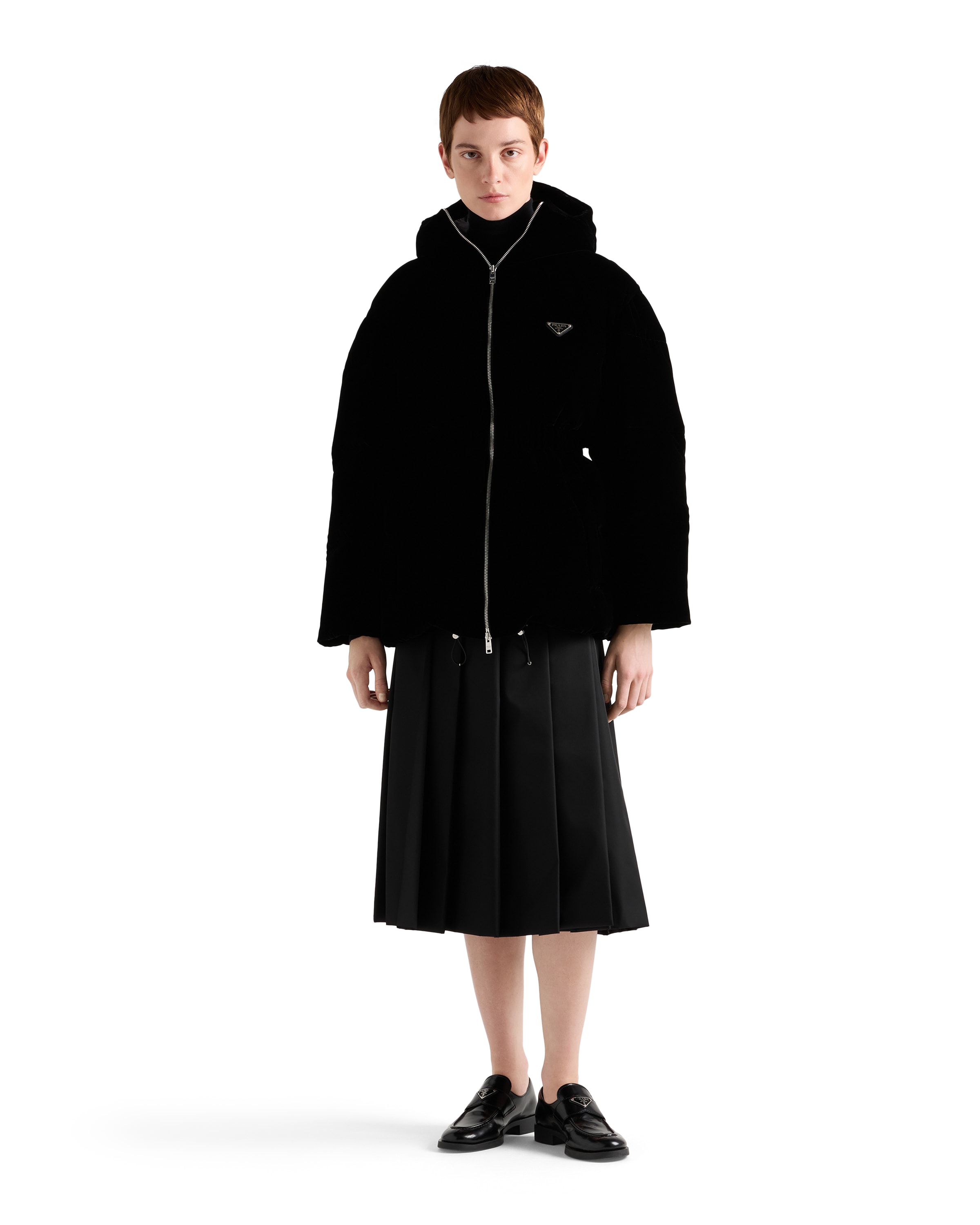 Prada Womens  Logo-badge Padded Velvet Down Jacket In Black