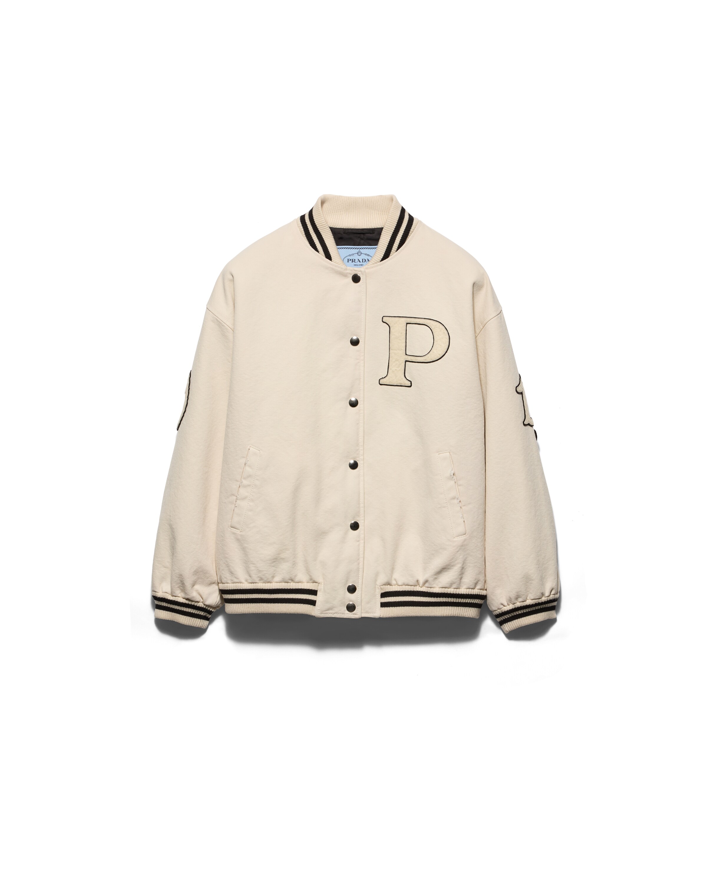 Prada Bomber En Toile Avec Écussons, Femme, Ivoire, Taille 36
