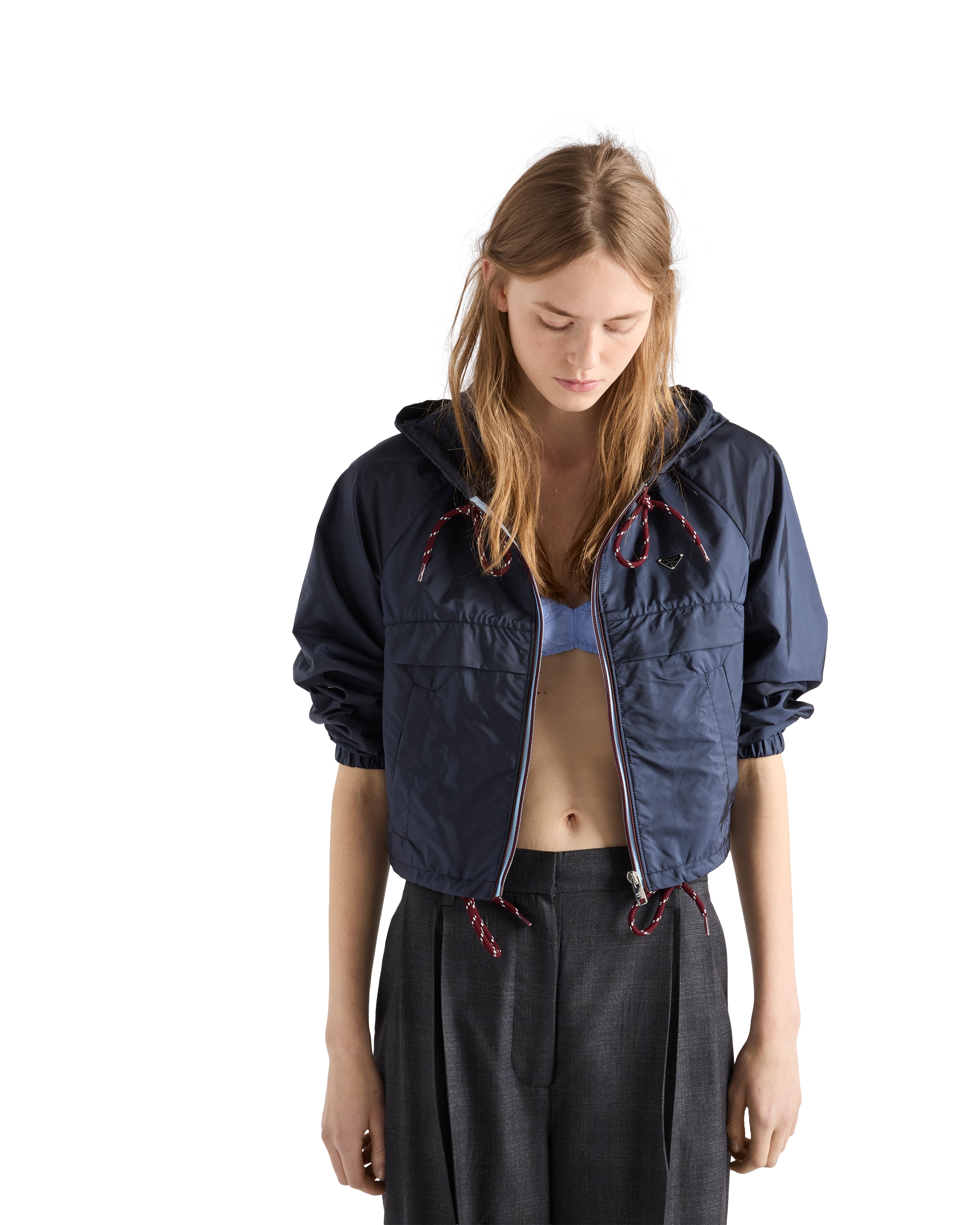 Prada Cropped Re-nylon Hooded Zip Jacket In Blue