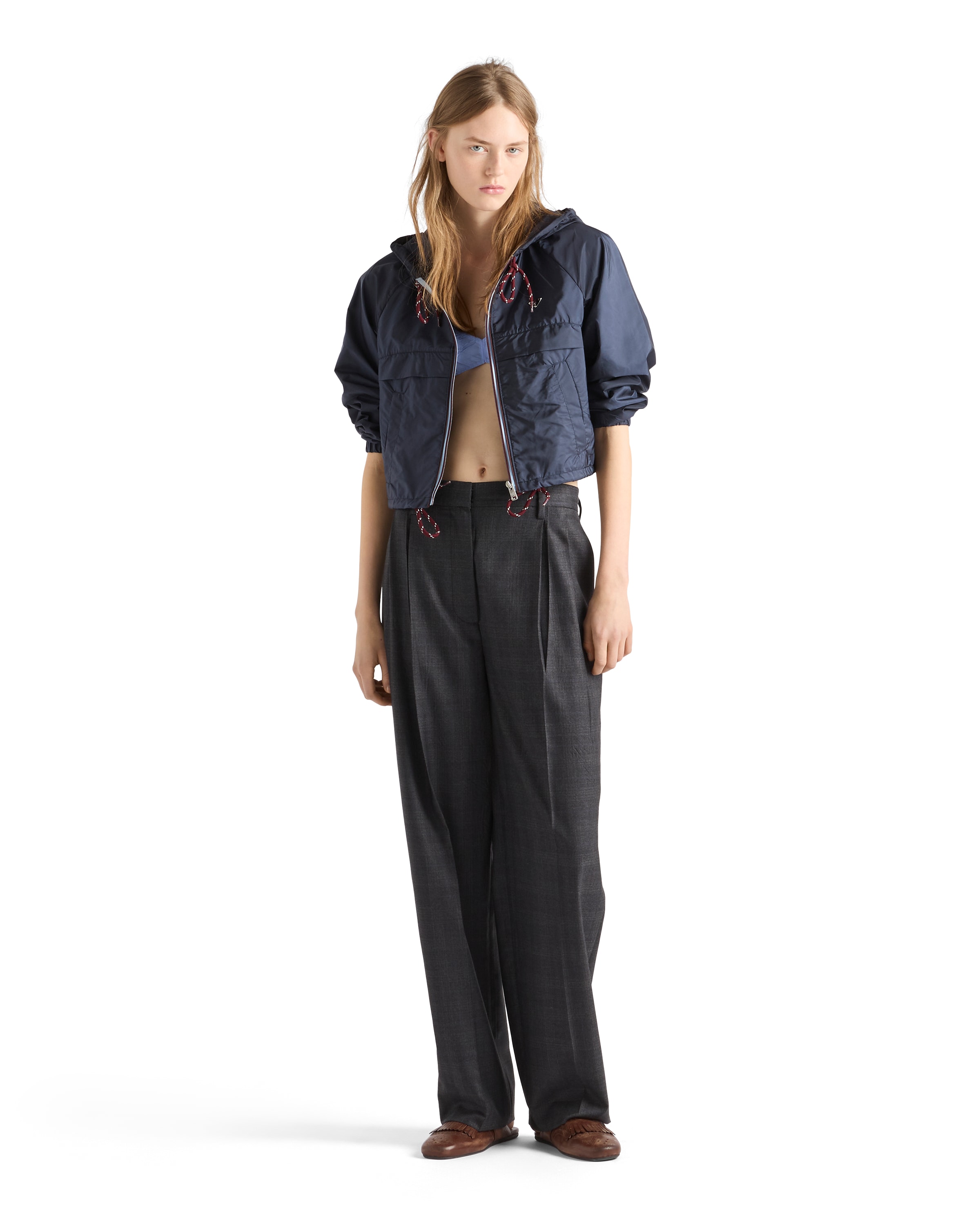 Prada Cropped Re-nylon Hooded Zip Jacket In Blue