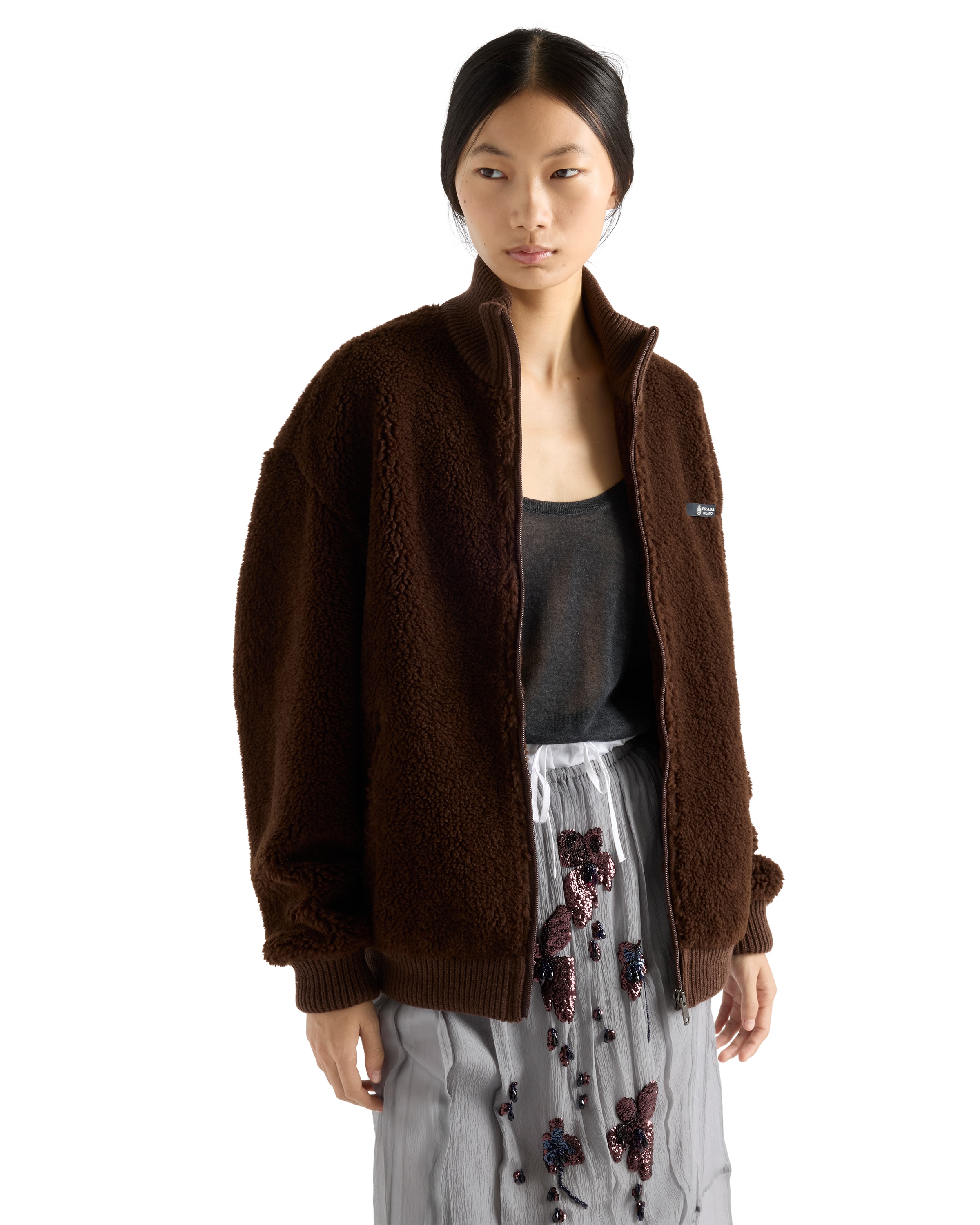 Prada Virgin Wool Bomber With Mini Logo In Brown