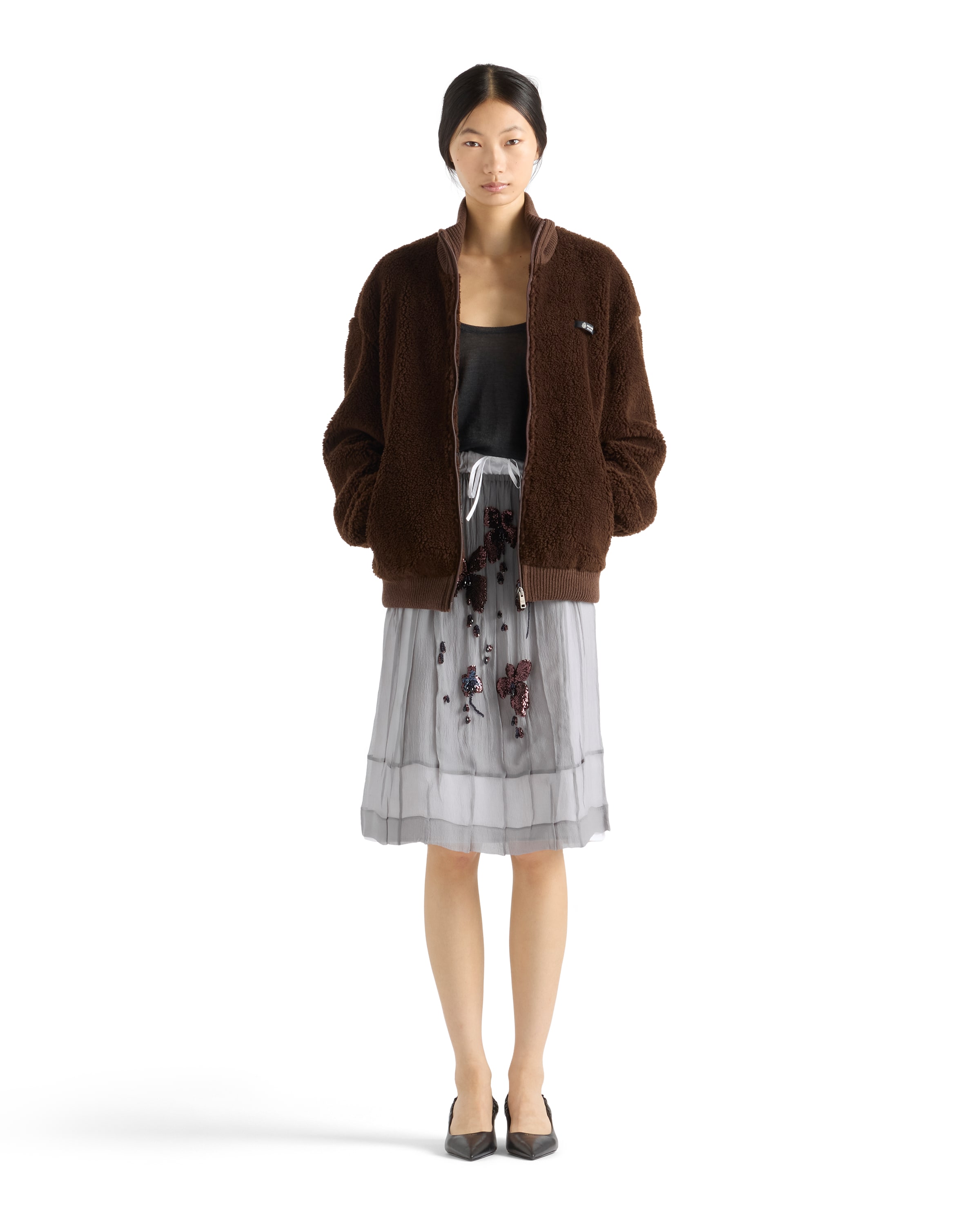 Prada Virgin Wool Bomber With Mini Logo In Brown