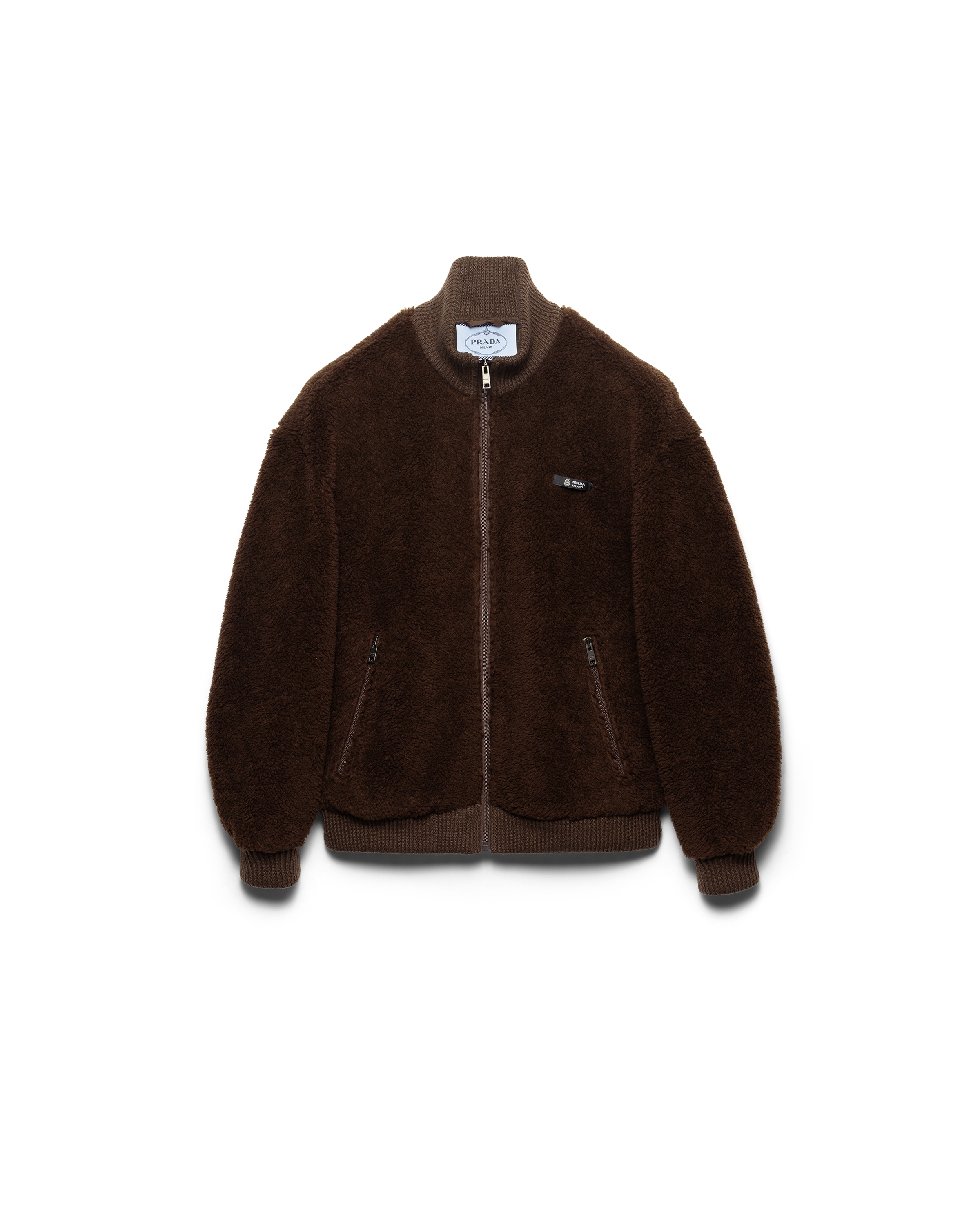 Prada Virgin Wool Bomber With Mini Logo In Brown