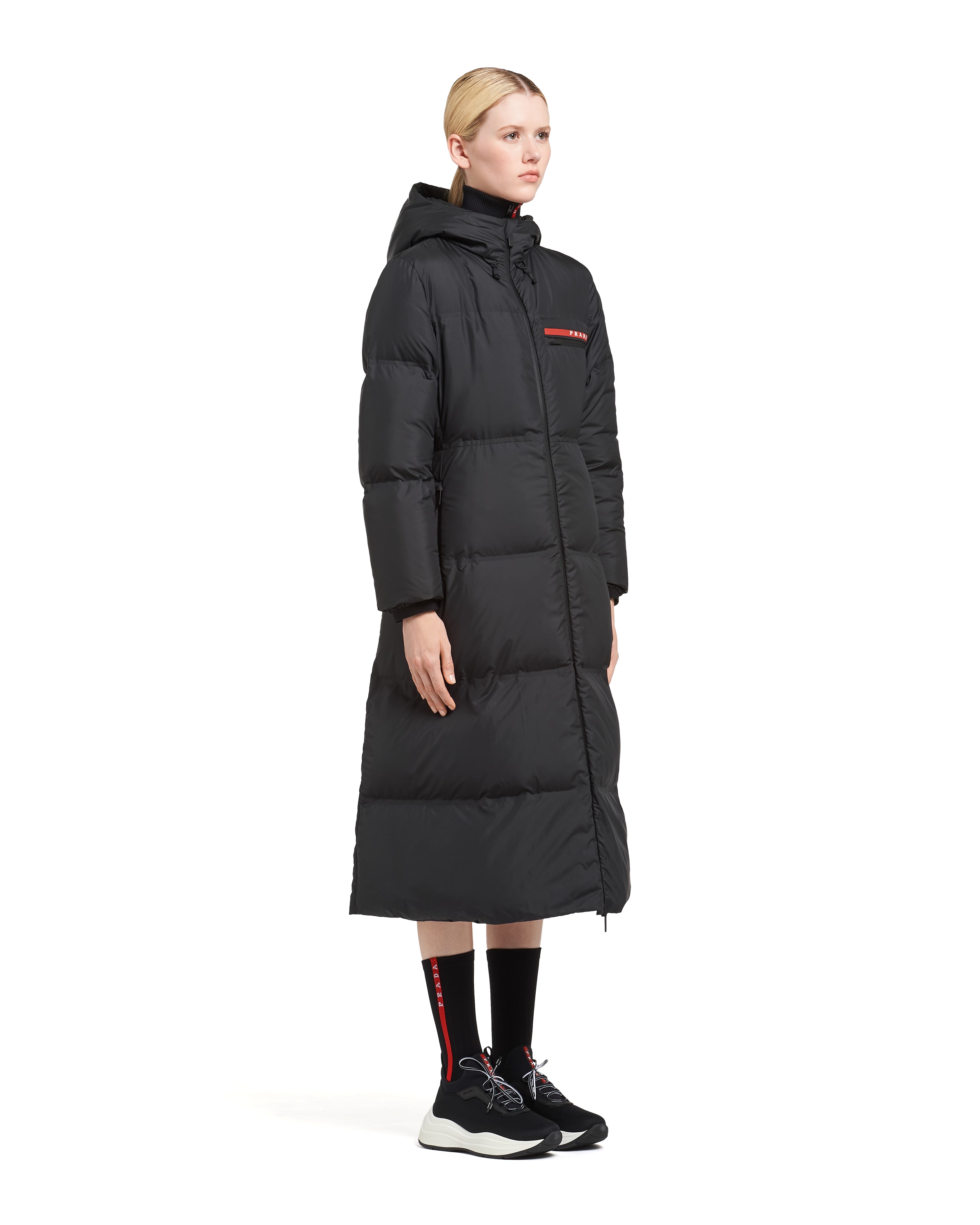 Black Technical Nylon hooded puffer coat Prada