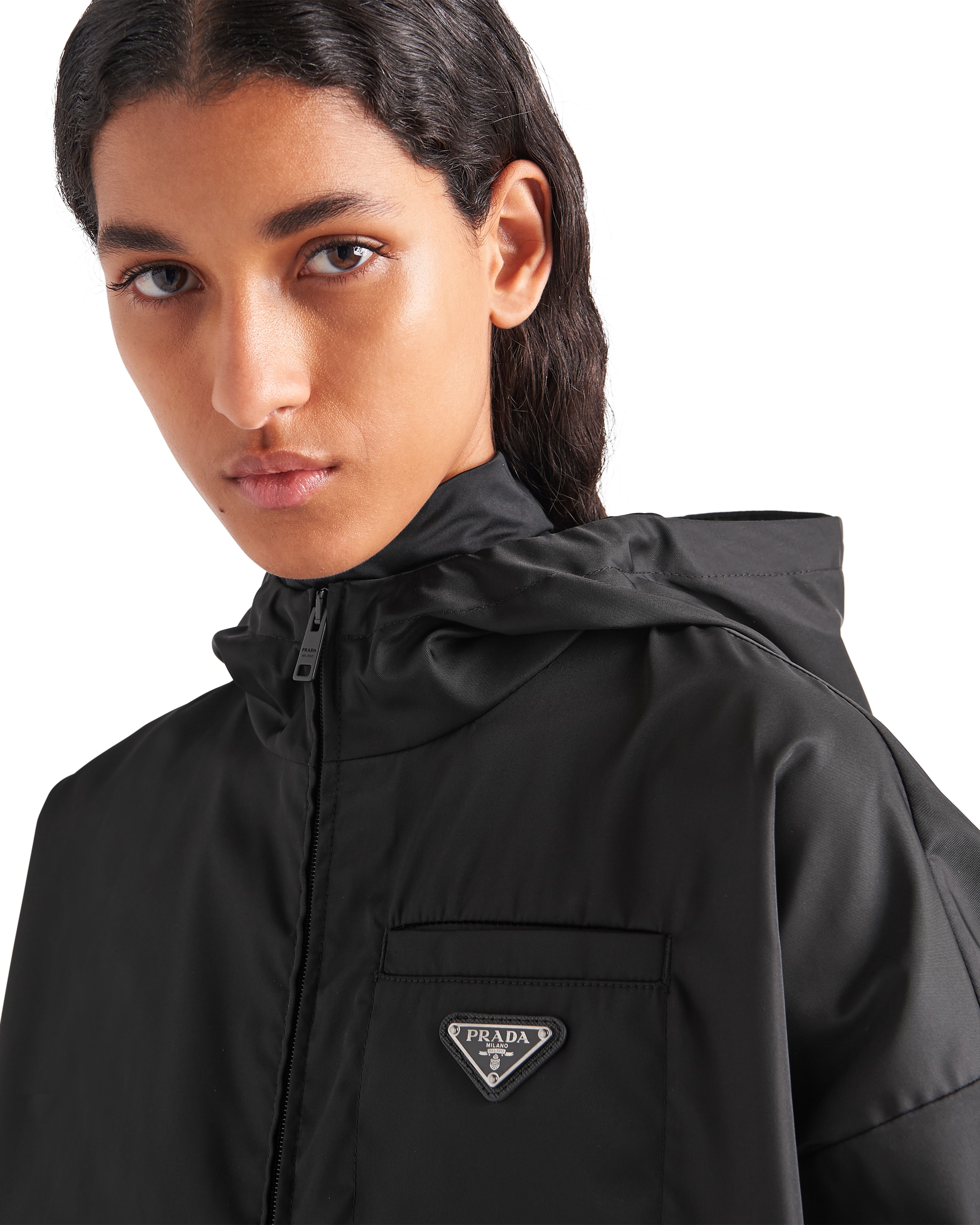 Prada Womens Black Re-nylon Brand-plaque Nylon Hooded Jacket In Black