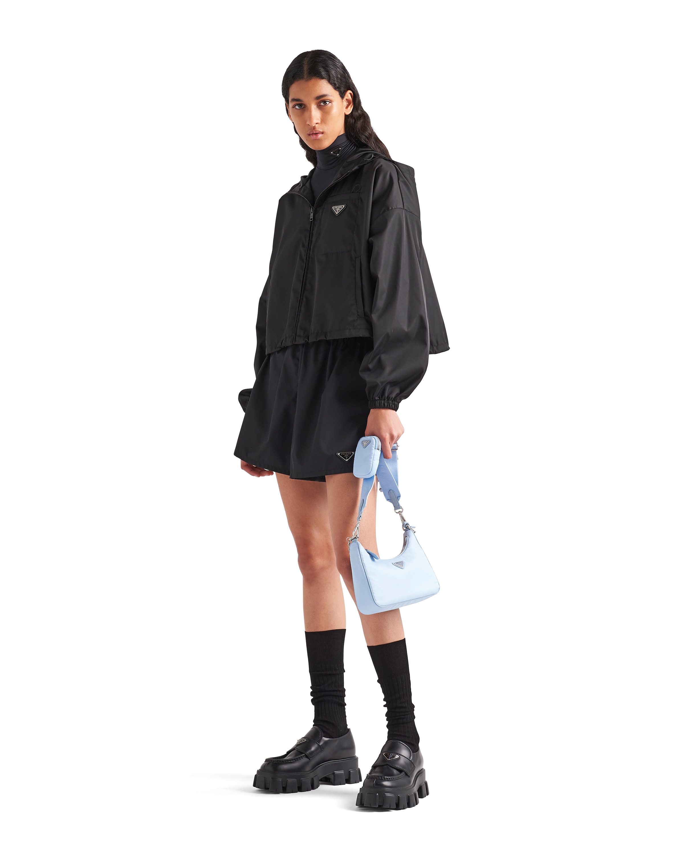 Prada Womens Black Re-nylon Brand-plaque Nylon Hooded Jacket In Black
