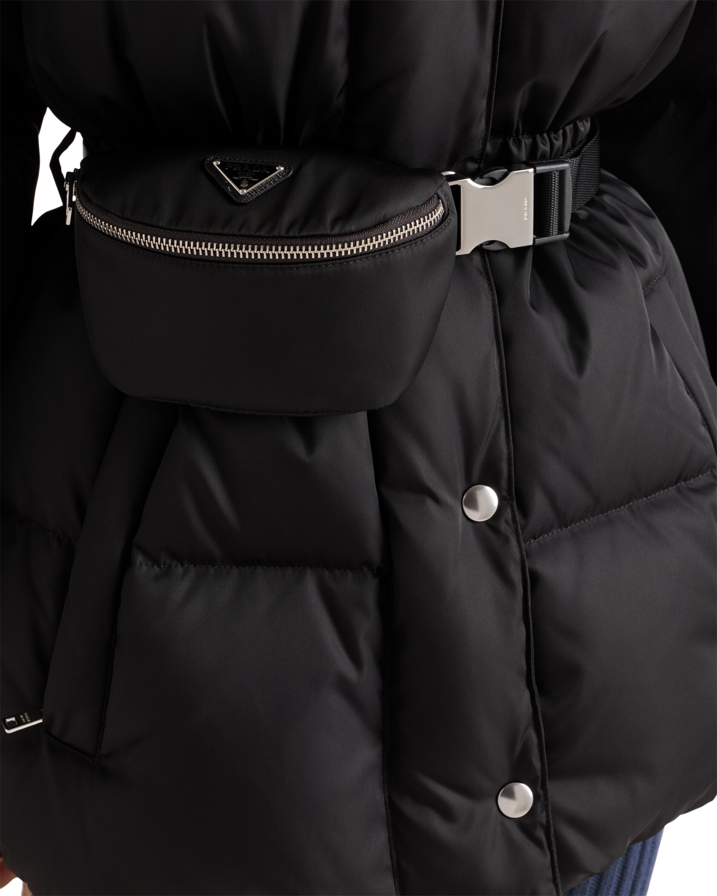 Prada Hooded Quilted Jacket Belt And Pouch In Black