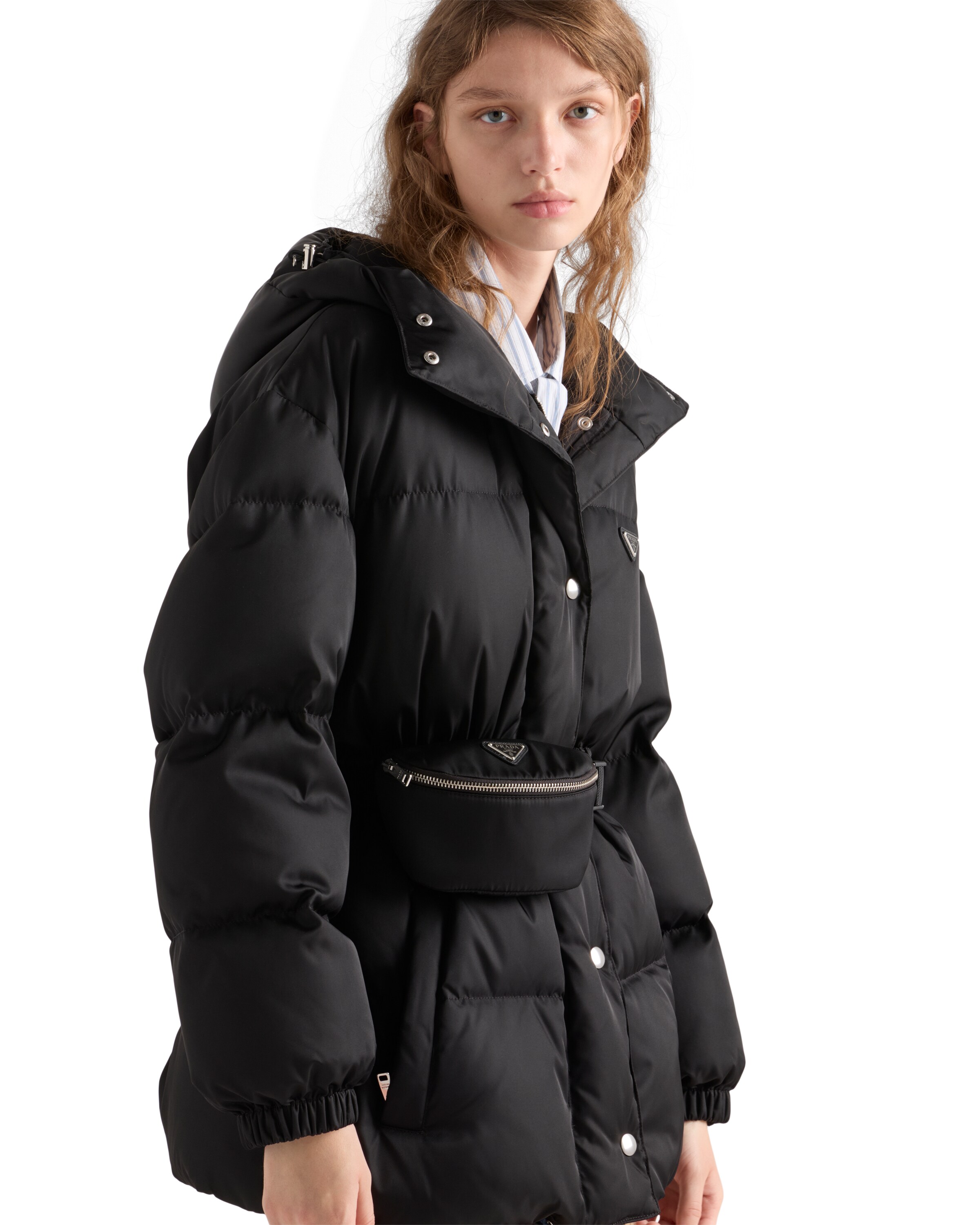 Prada Hooded Quilted Jacket Belt And Pouch In Black