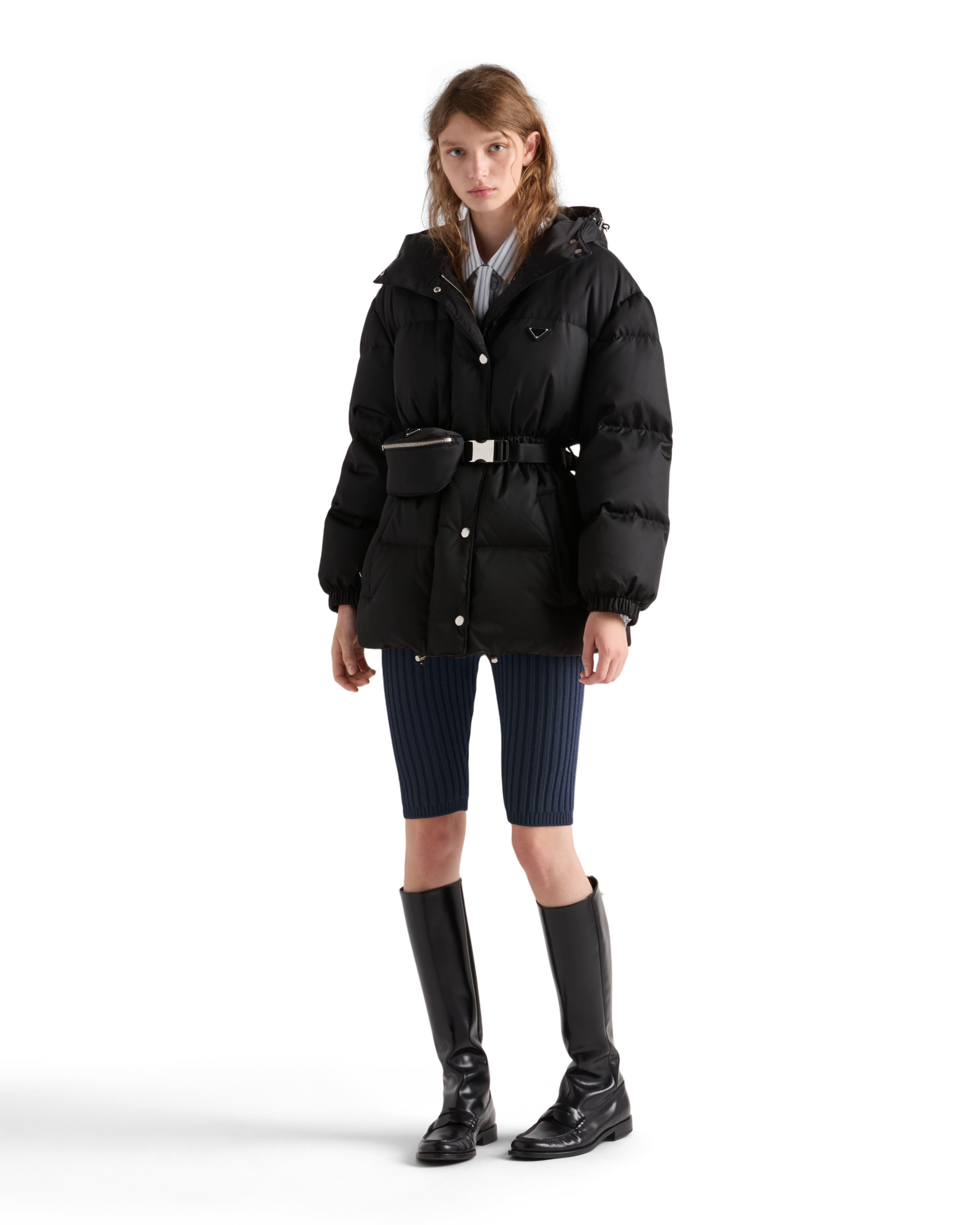Prada Hooded Quilted Jacket Belt And Pouch In Black