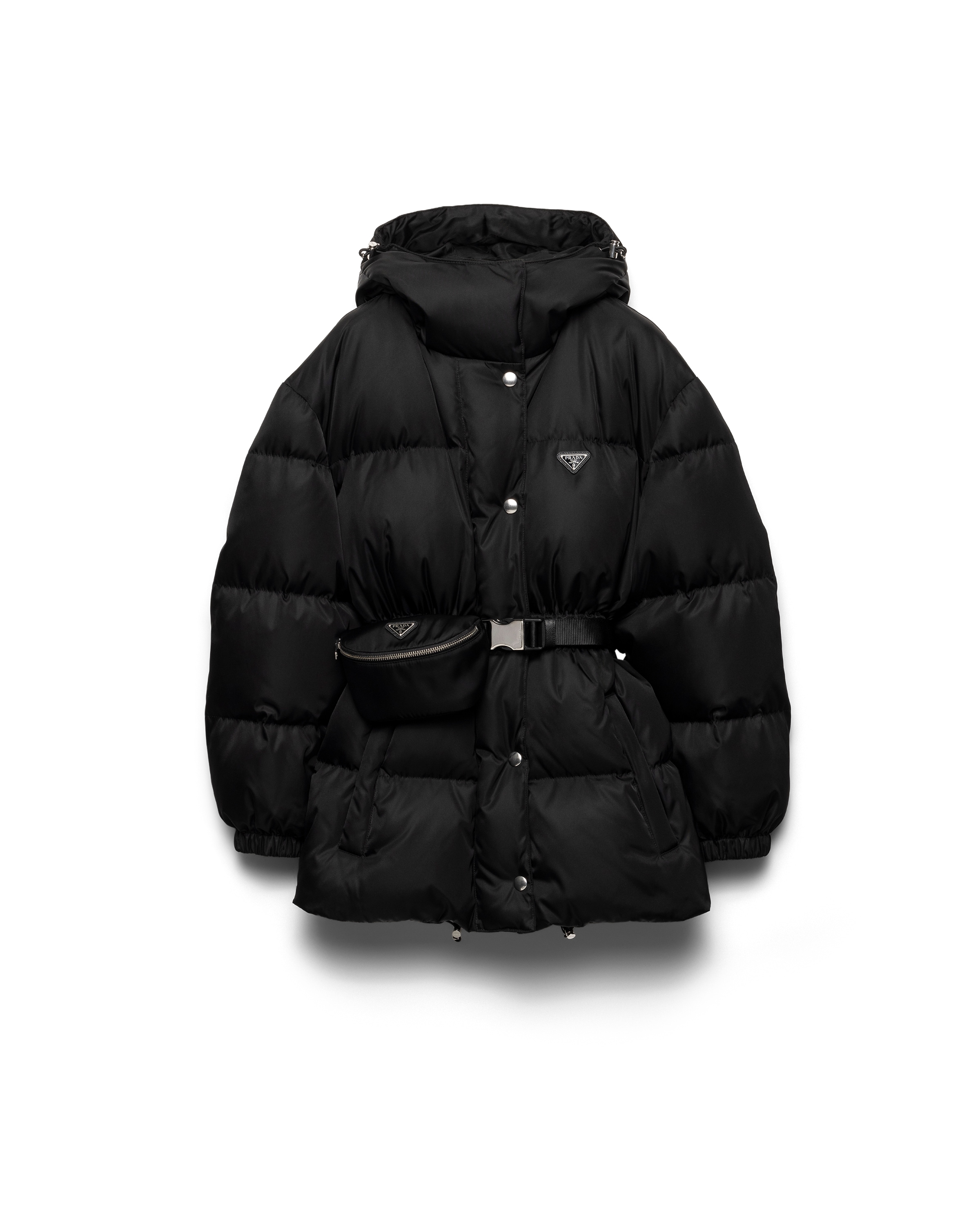 Prada Hooded Quilted Jacket Belt And Pouch In Black