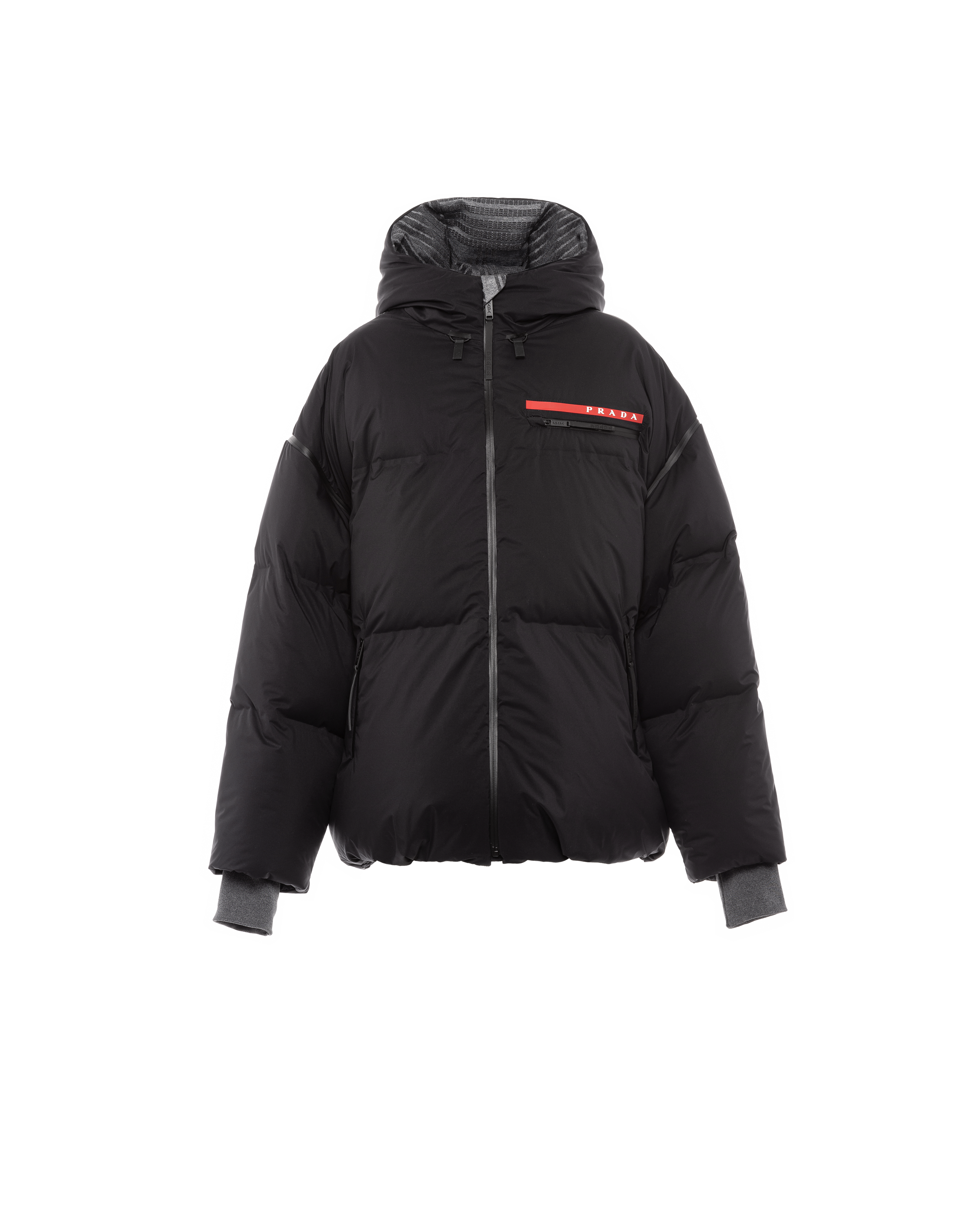 Shop Prada Light Re-nylon Hooded Down Jacket In Black/gray