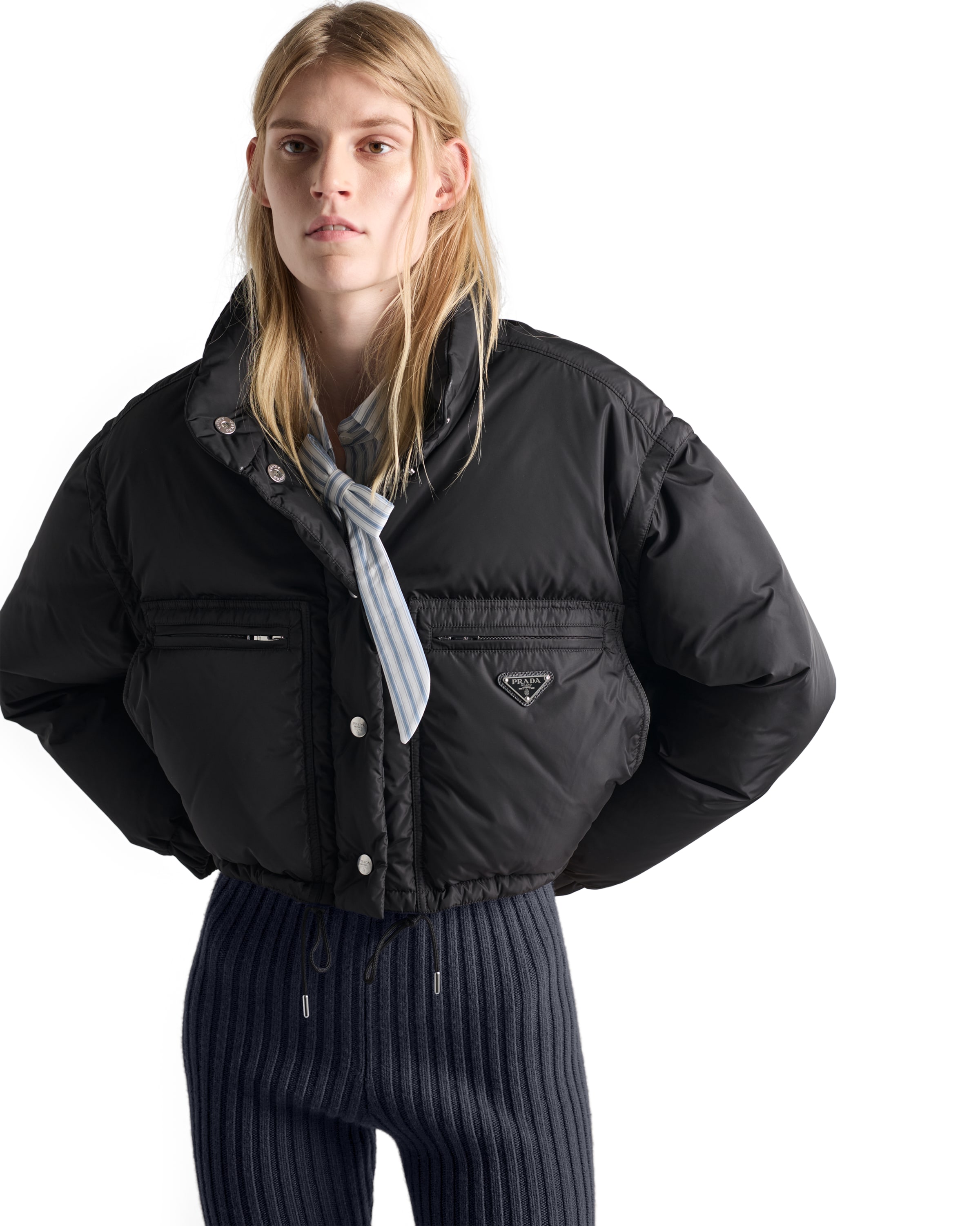 Prada Women's Cropped Re-nylon Down Jacket In Black
