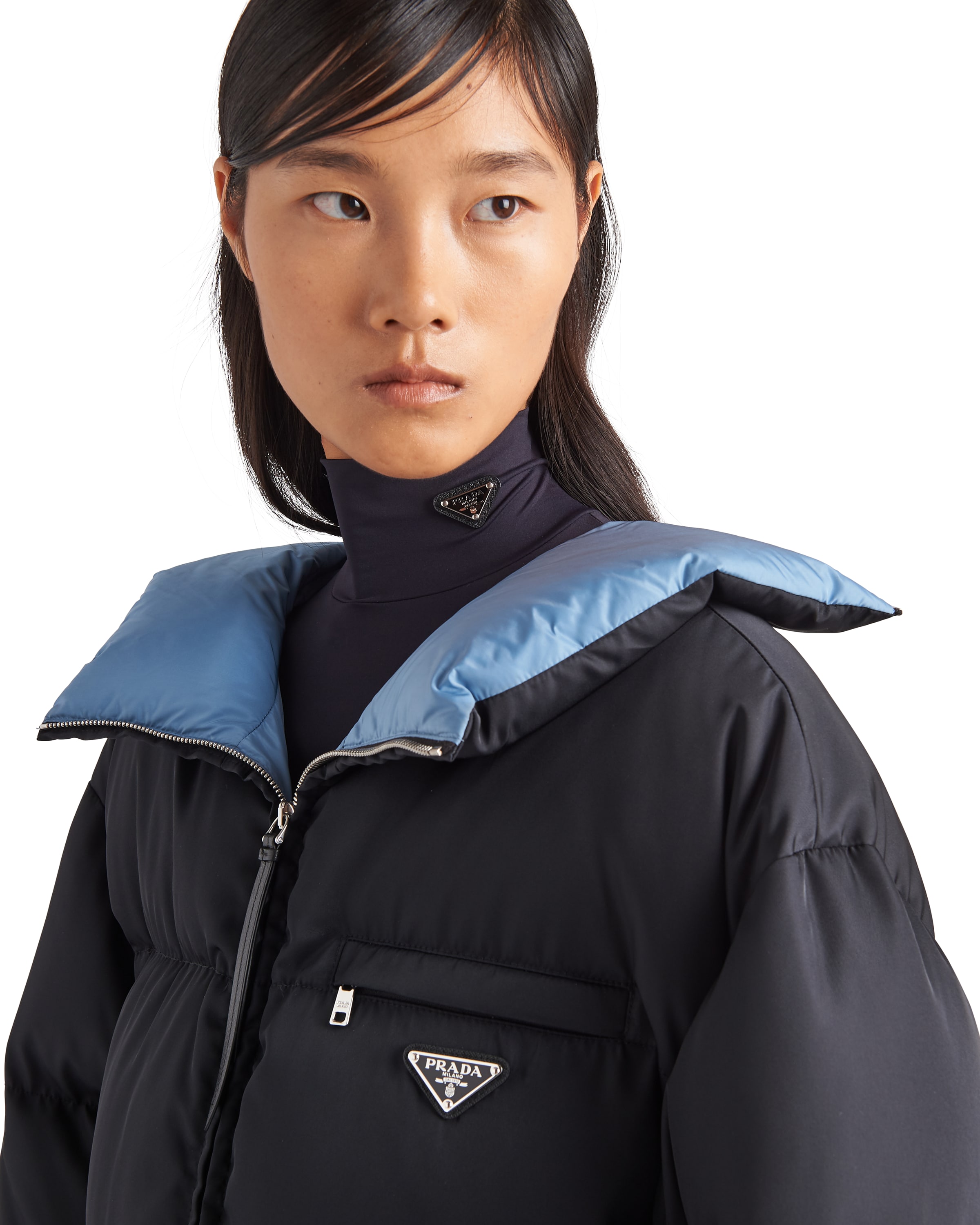 Prada Triangle Logo Belted Puffer Jacket In Black