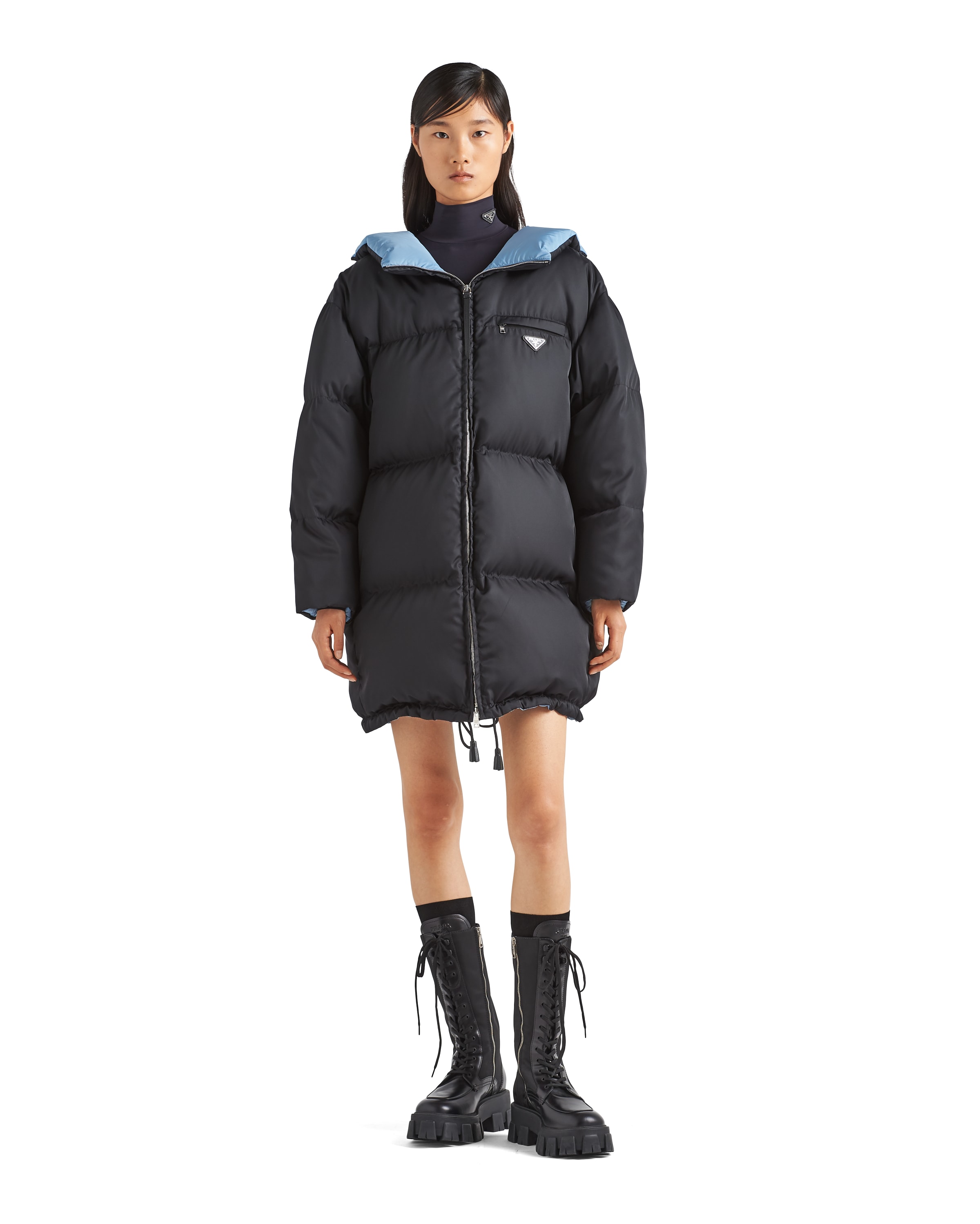 Prada Triangle Logo Belted Puffer Jacket In Black