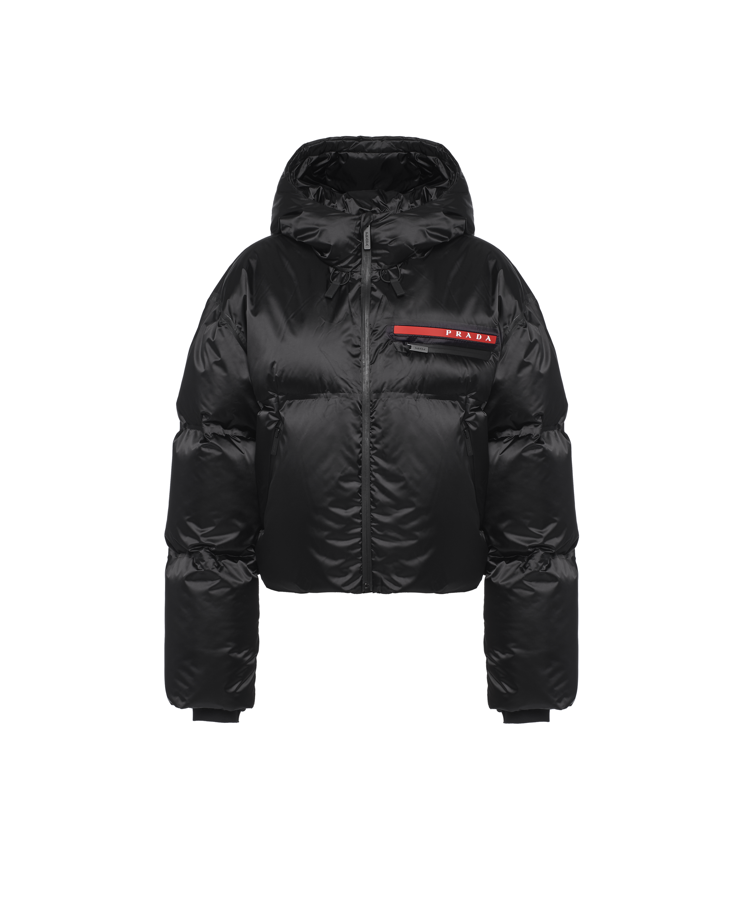 Prada Cropped Technical Nylon Down Jacket In Black