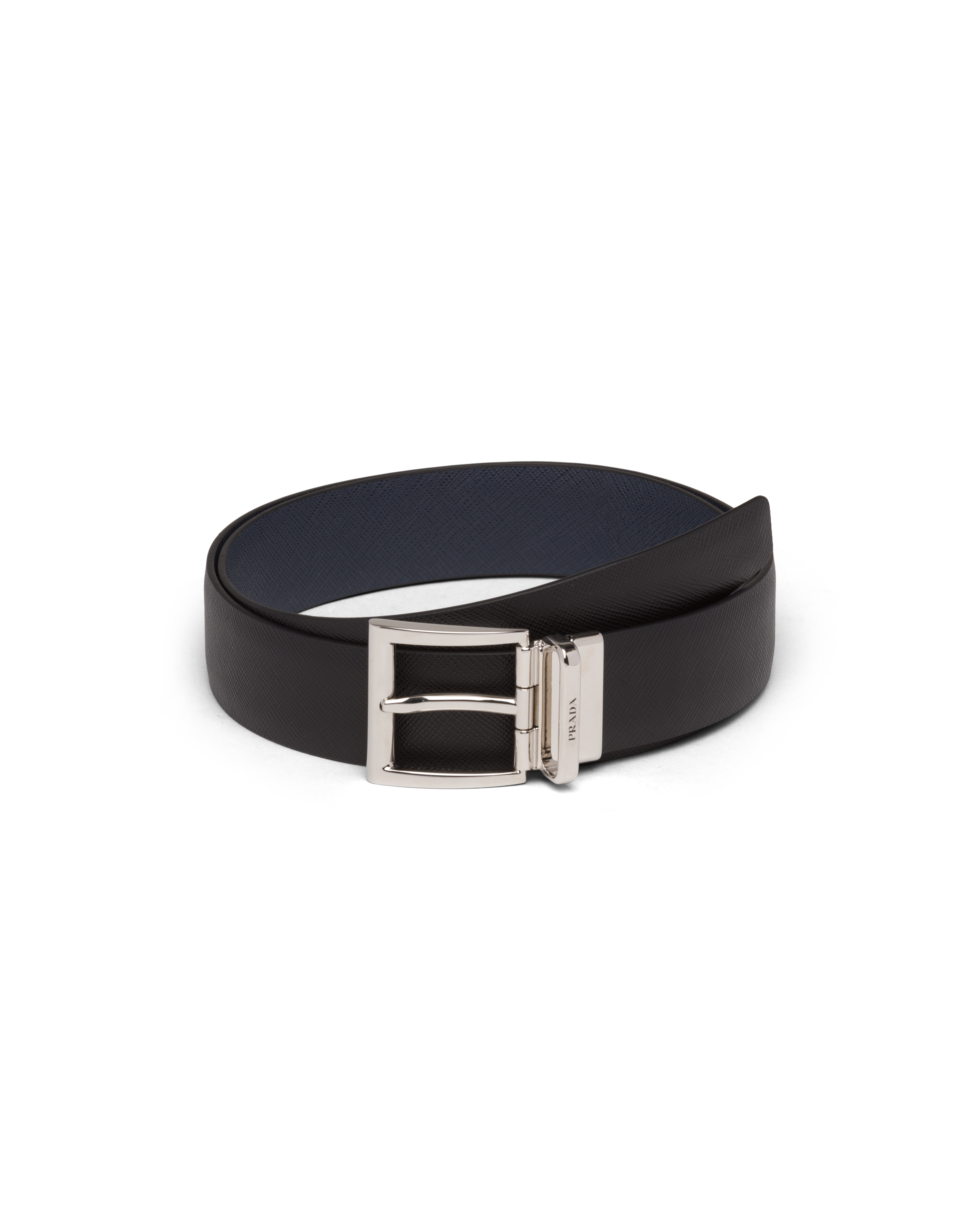 Prada Saffiano Leather Reversible Belt In Black/baltic Blue