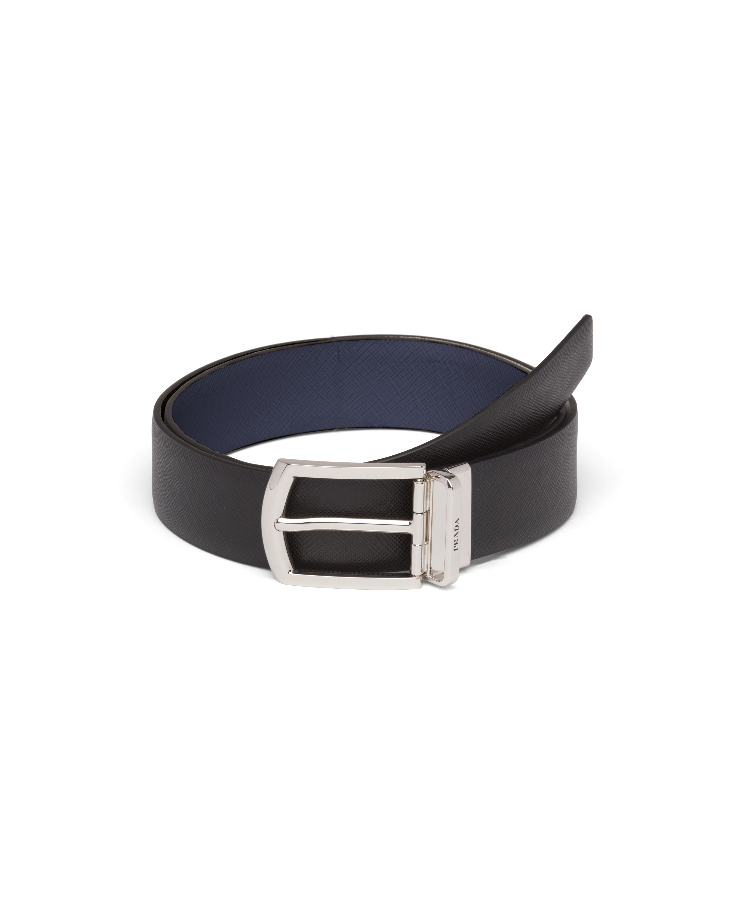 Shop Prada Reversible Saffiano Leather Belt In Black/baltic Blue