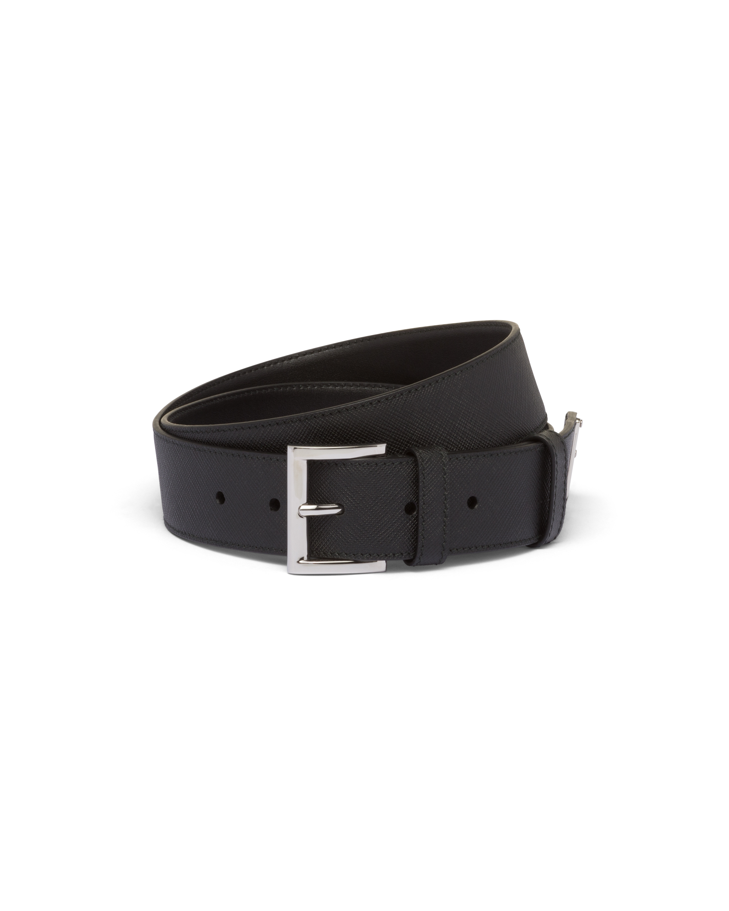 Prada Men Cintura In Pelle Saffiano Con Triangolo Logo In Black