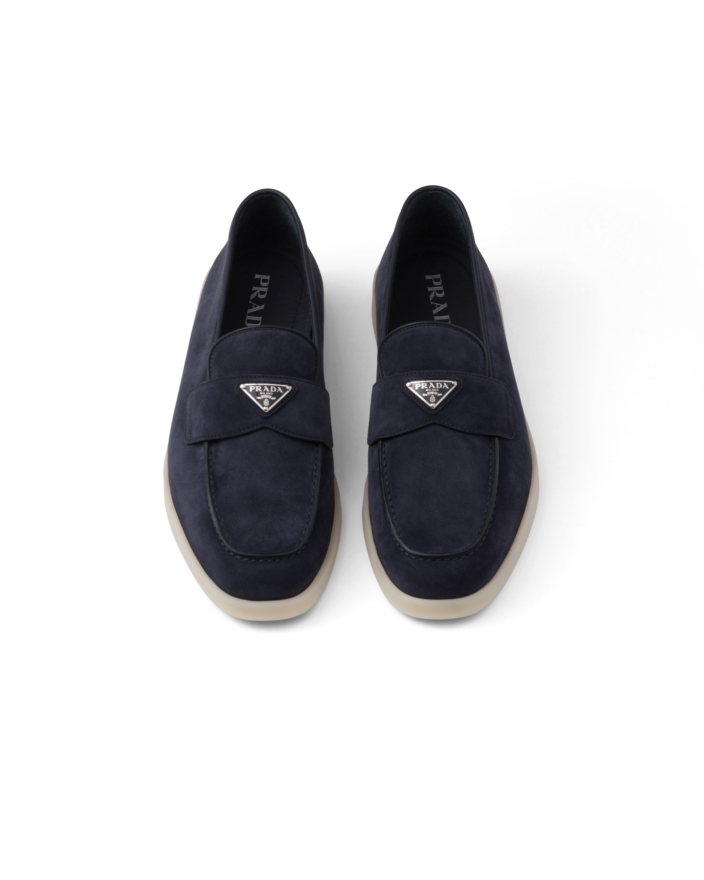 Prada Logo-plaque Suede Loafers In Blue