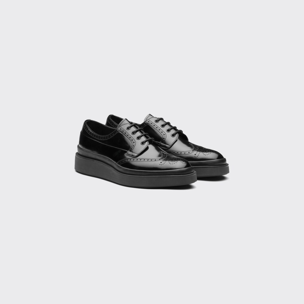 Black Brushed Leather Derby Brogue Shoes | Prada