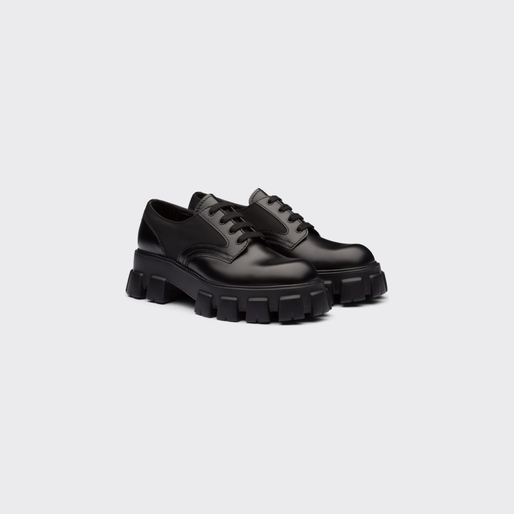 paus Een bezoek aan grootouders Quagga Black Prada Monolith brushed leather and nylon lace-up shoes | Prada paus Een bezoek aan grootouders Quagga Black Prada Monolith brushed leather and nylon lace-up shoes | Prada