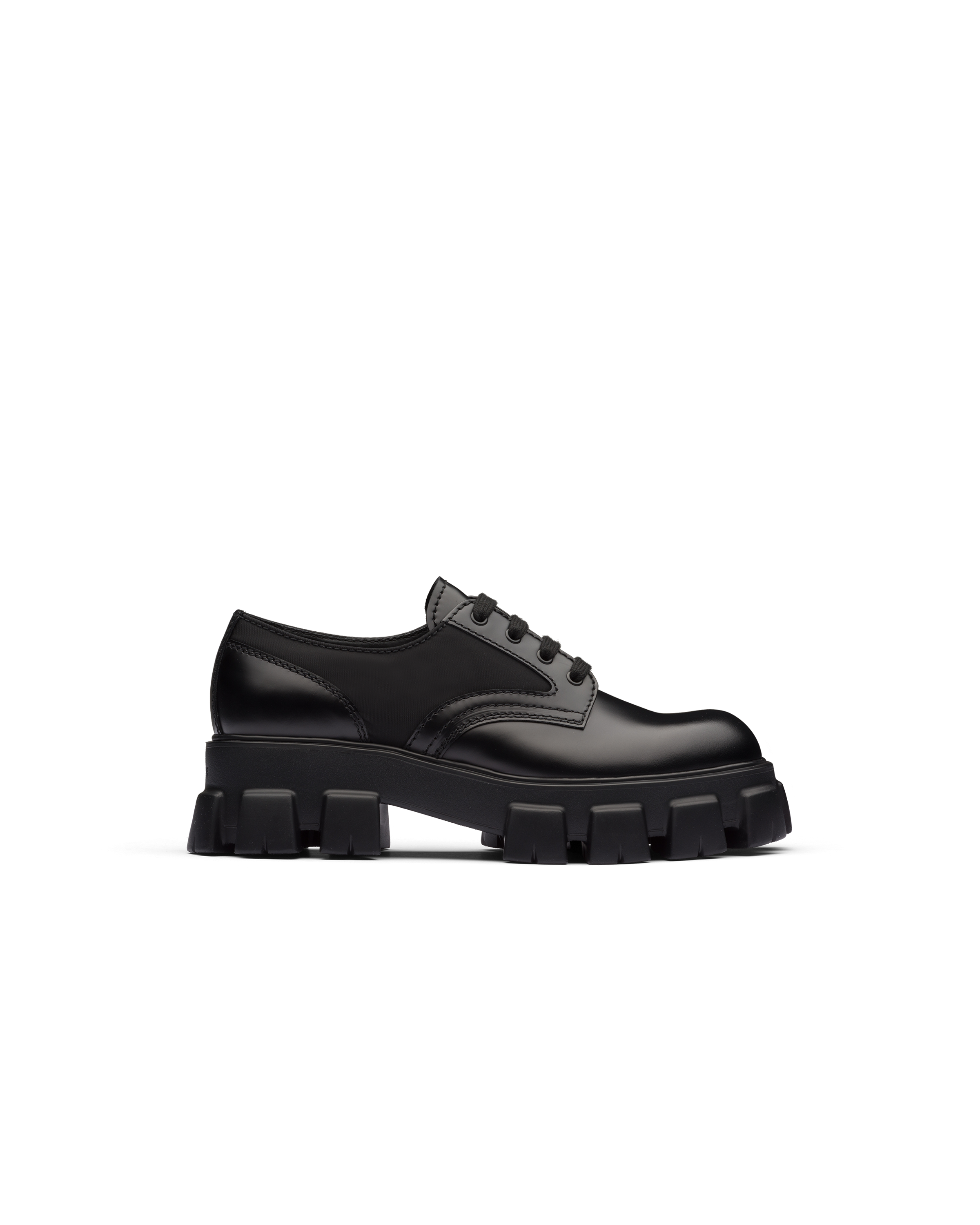 Black Prada Monolith brushed leather and nylon lace-up shoes | Prada