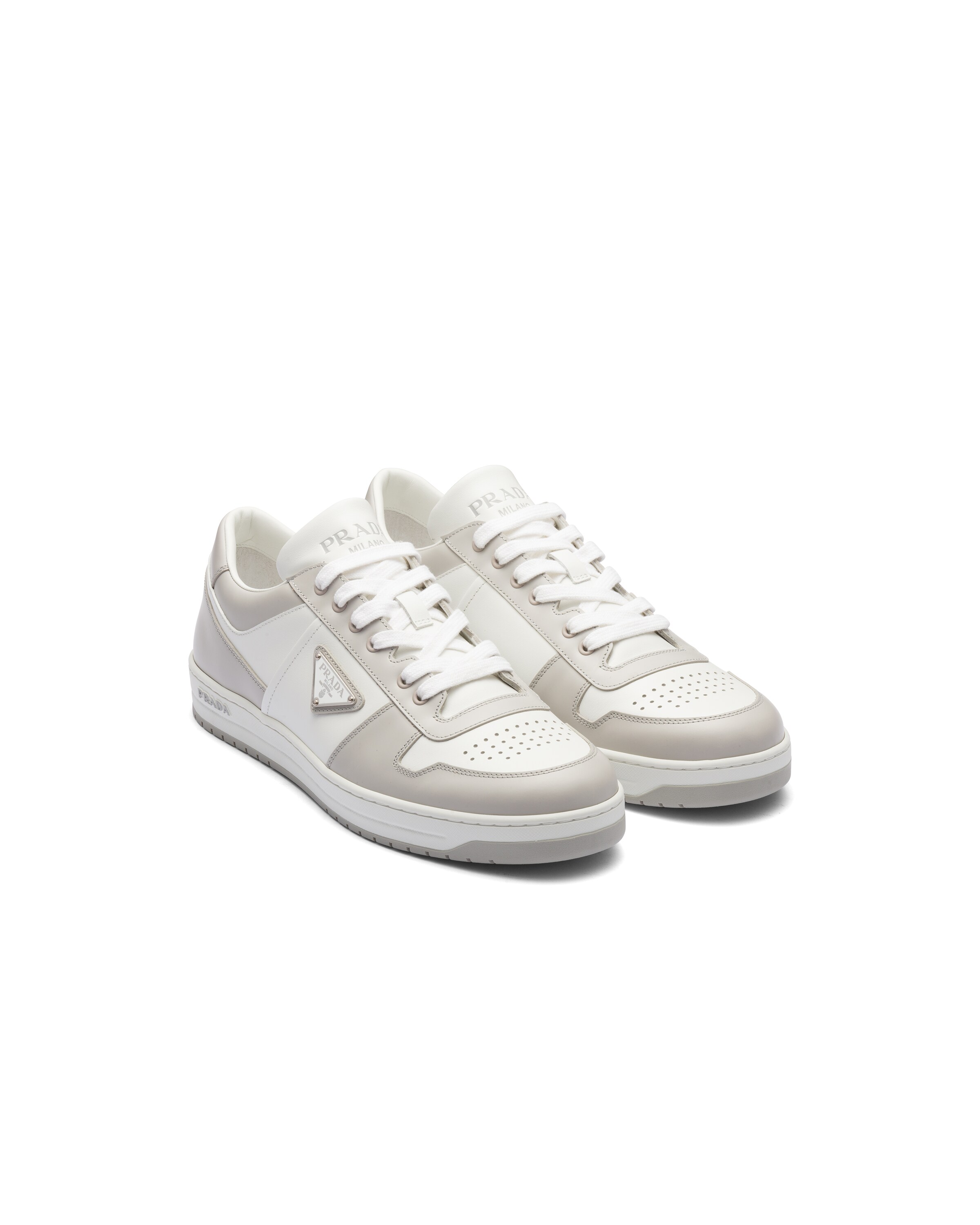 Prada Downtown Leather Sneakers, Men, White/crystal, Size 10.5