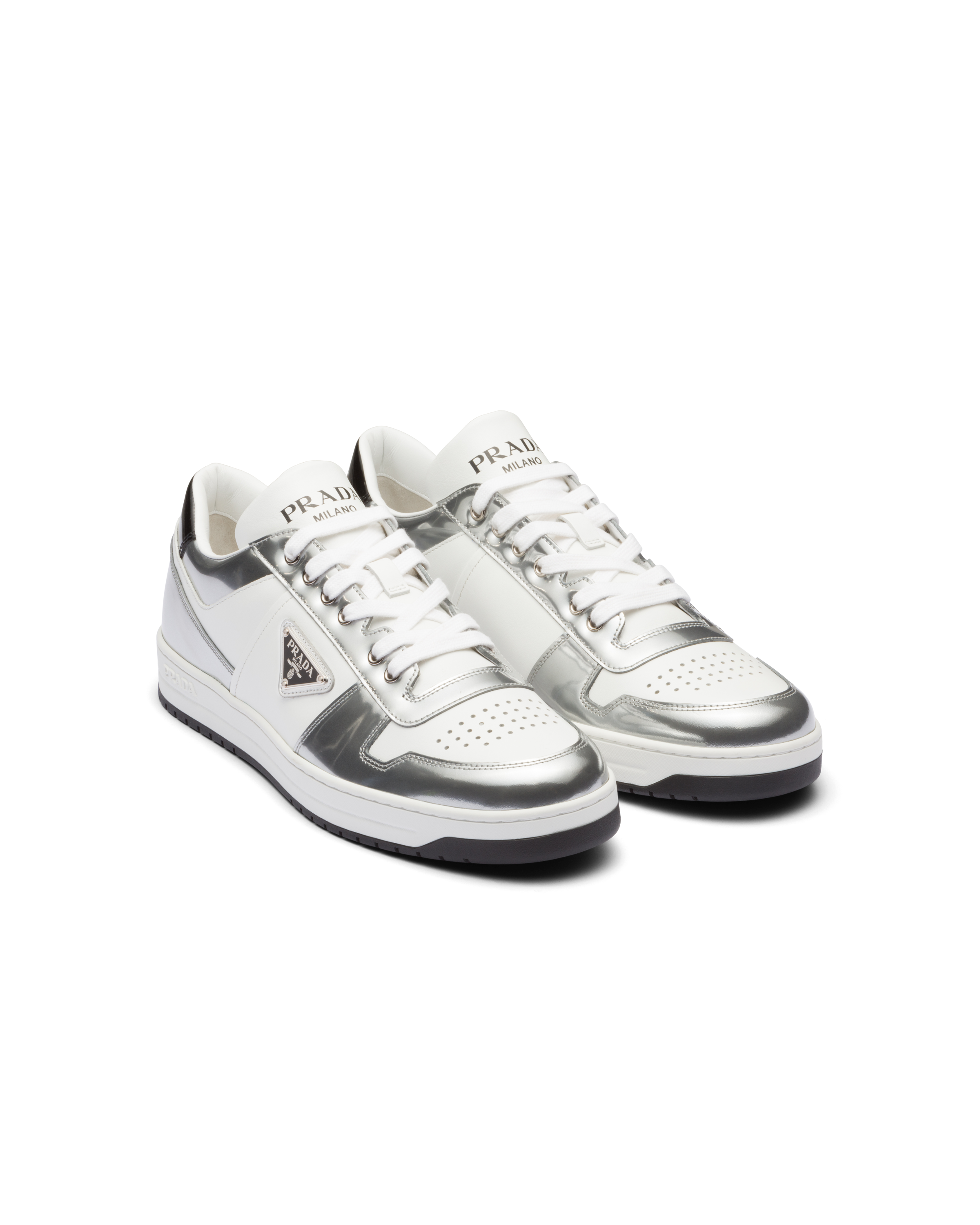 Prada Men's Downtown Leather Low-top Sneakers In White/silver