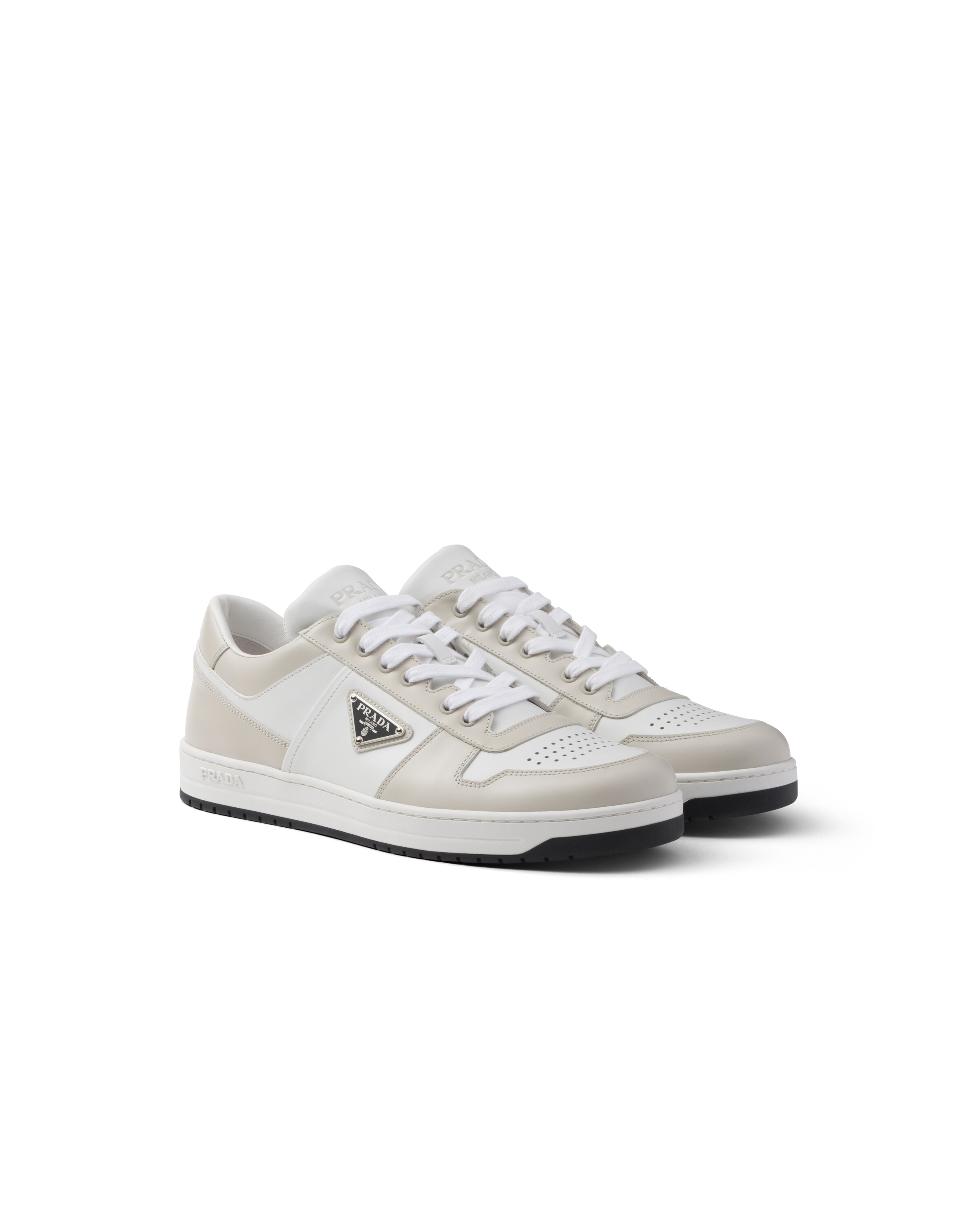 Prada Downtown Leather Sneakers, Men, White/dusty Gray, Size 11