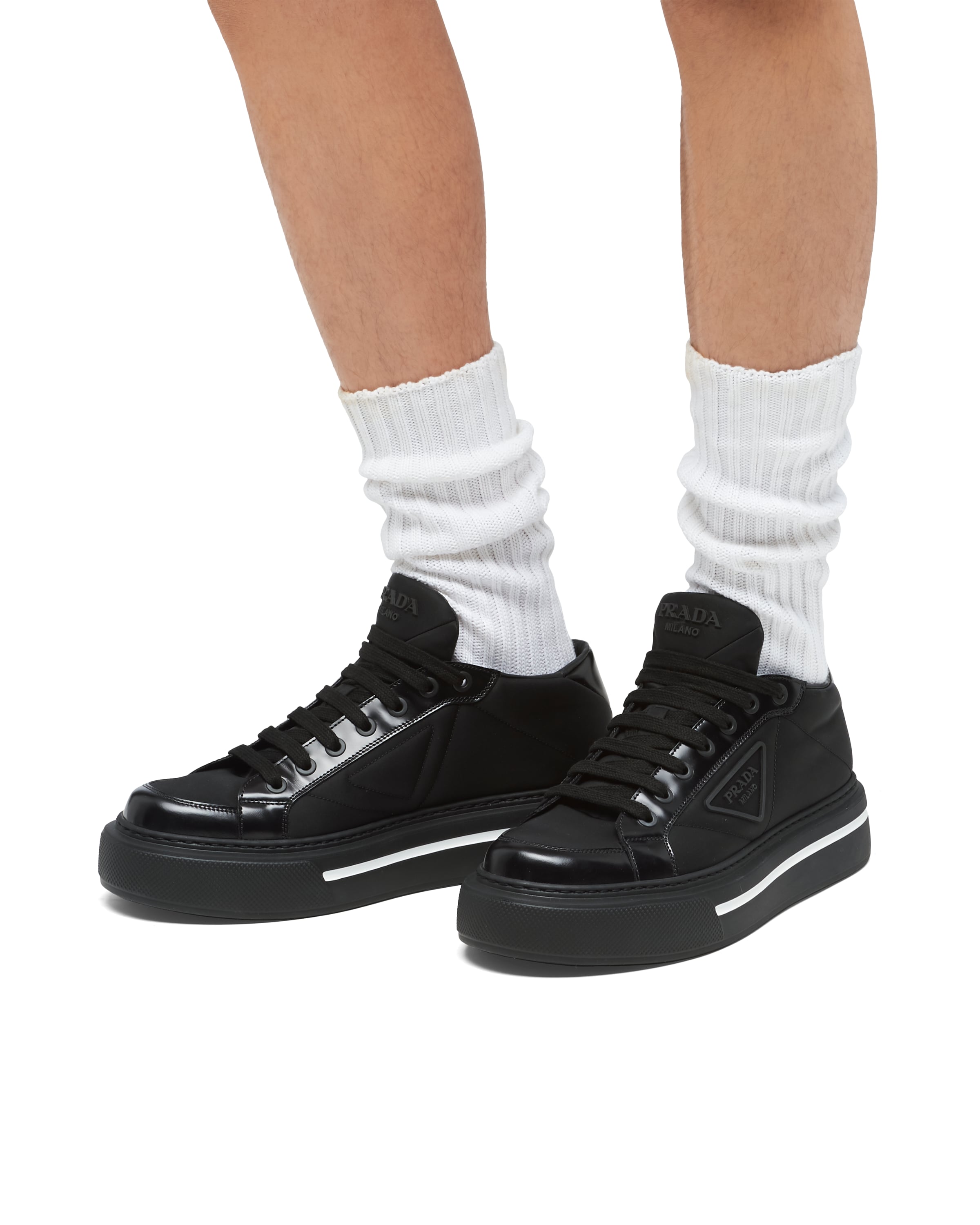 Black Prada Macro Re-Nylon and brushed leather sneakers | Prada